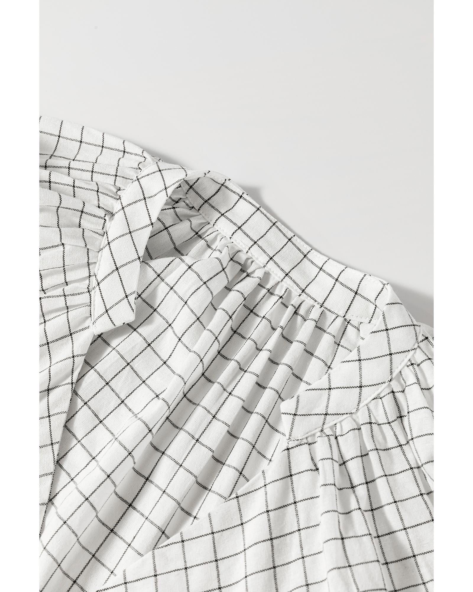 White Stripe Checkered Frilled V Neck Bracelet Sleeve Babydoll Dress - M 5