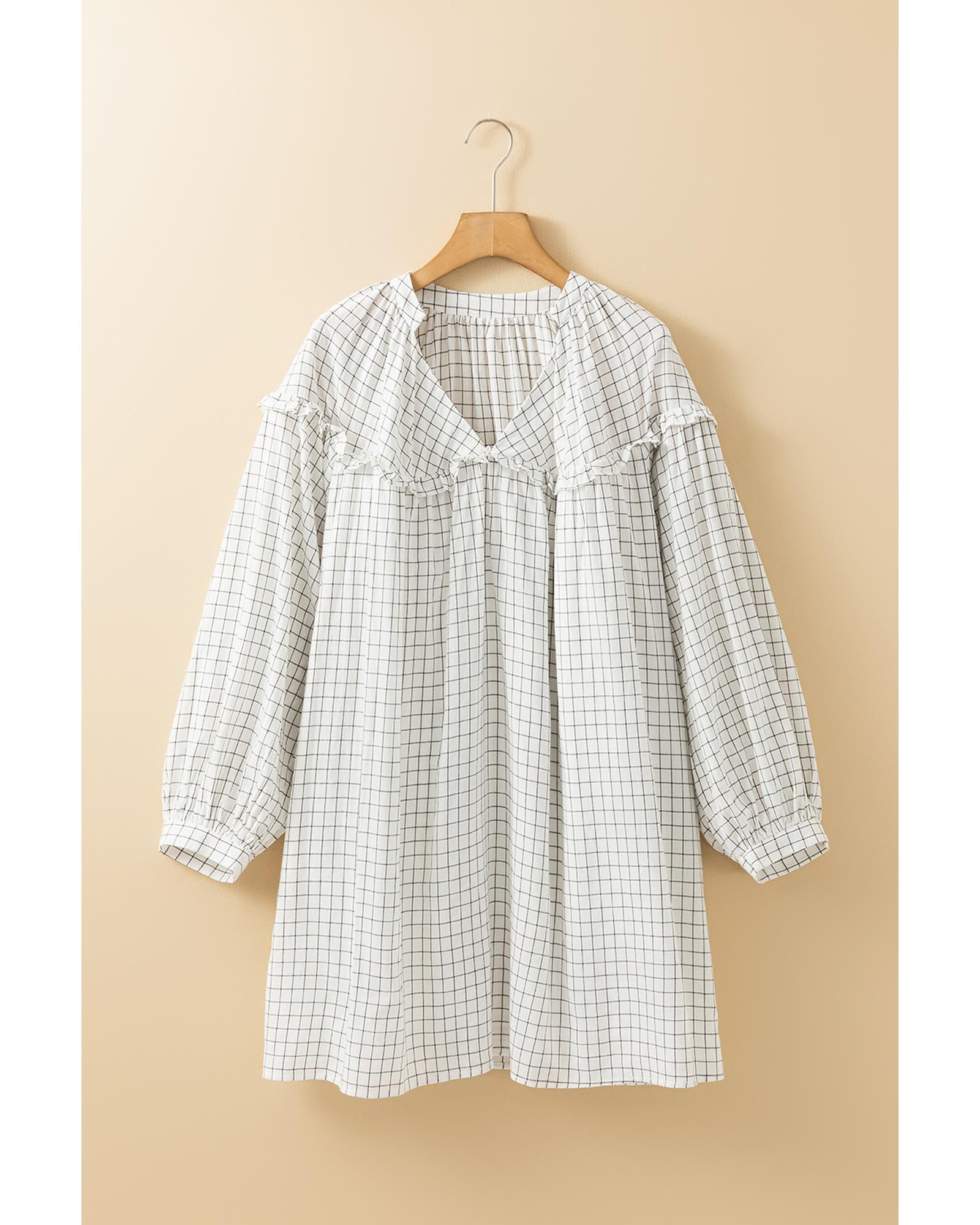 White Stripe Checkered Frilled V Neck Bracelet Sleeve Babydoll Dress - XL 4