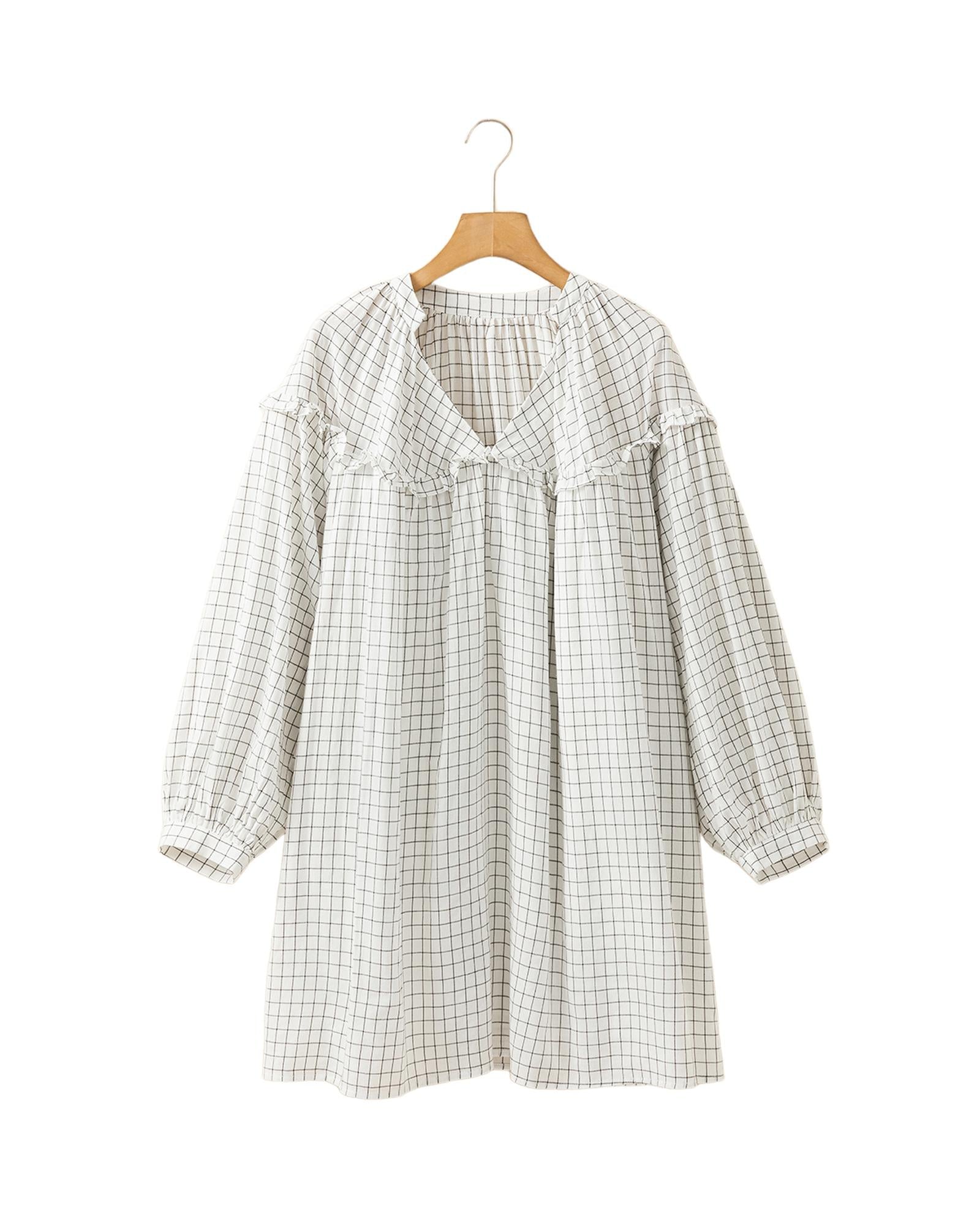 White Stripe Checkered Frilled V Neck Bracelet Sleeve Babydoll Dress - XL 7