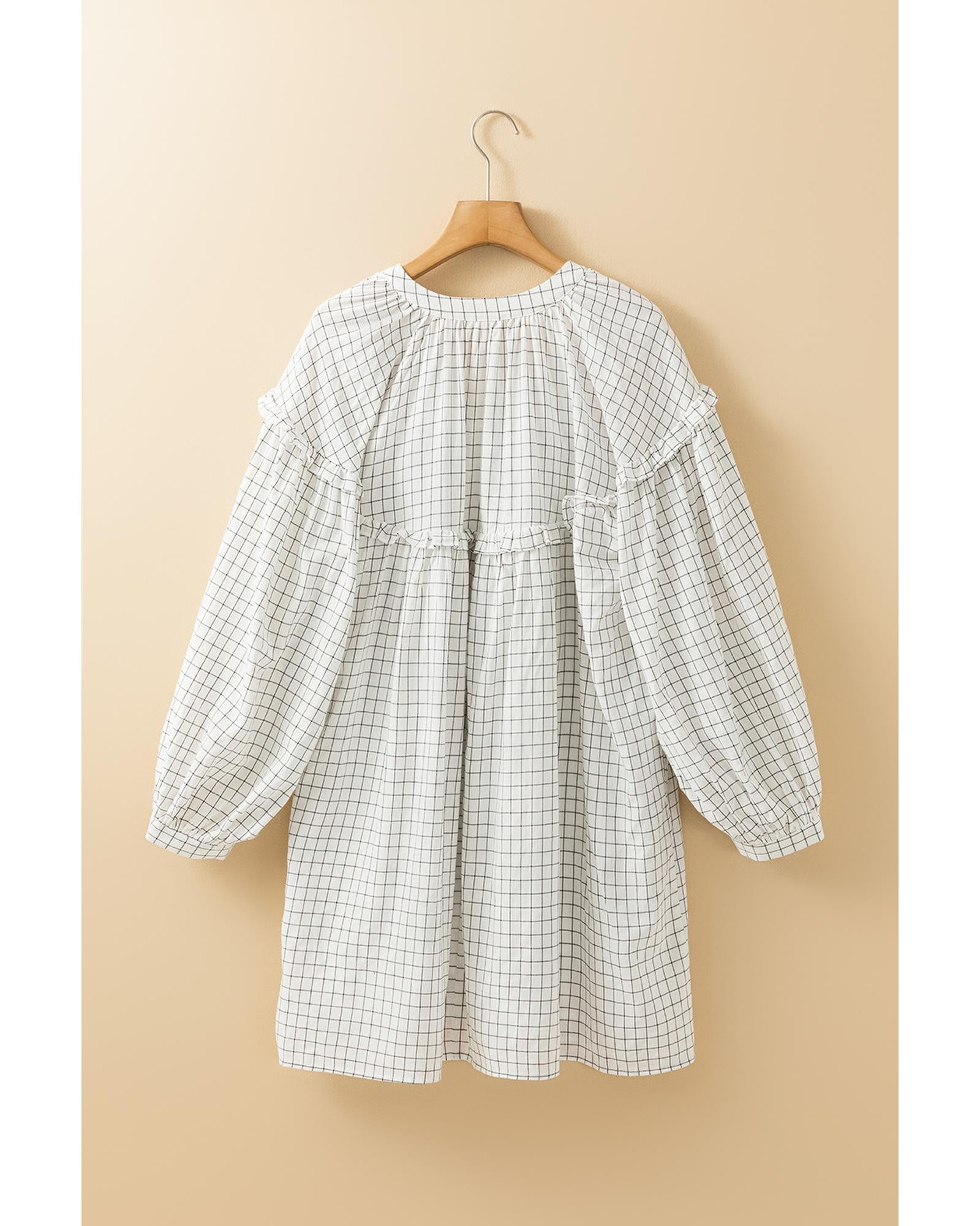 White Stripe Checkered Frilled V Neck Bracelet Sleeve Babydoll Dress - XL 8