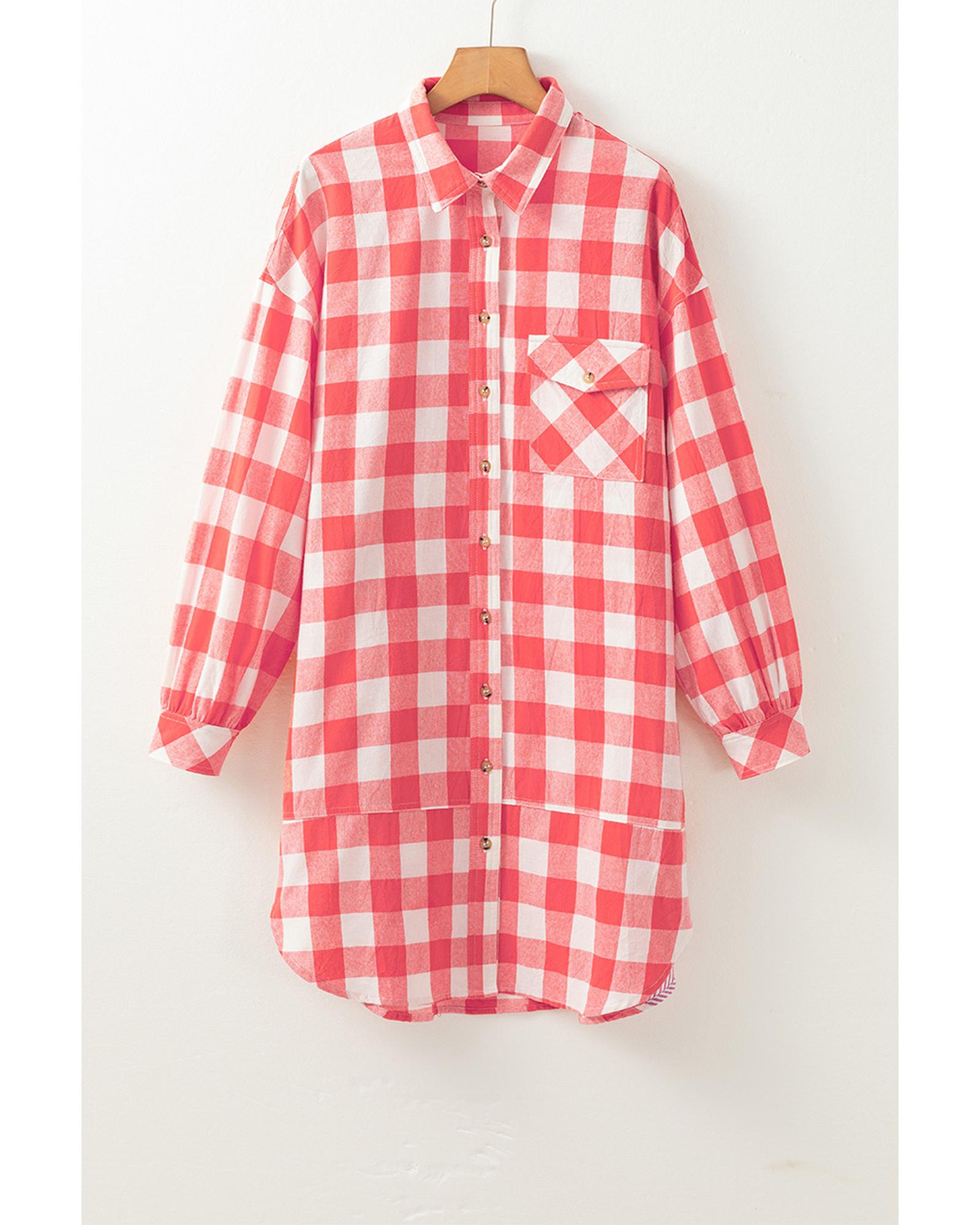 Pink Oversized Plaid Puff Sleeve Round Hem Shirt Dress - L 6