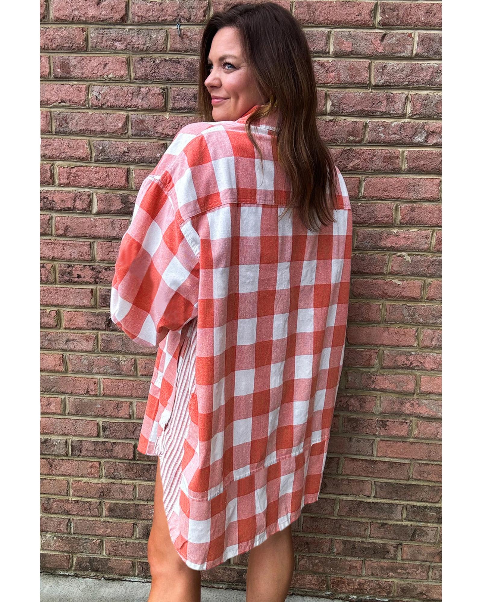 Pink Oversized Plaid Puff Sleeve Round Hem Shirt Dress - L 7