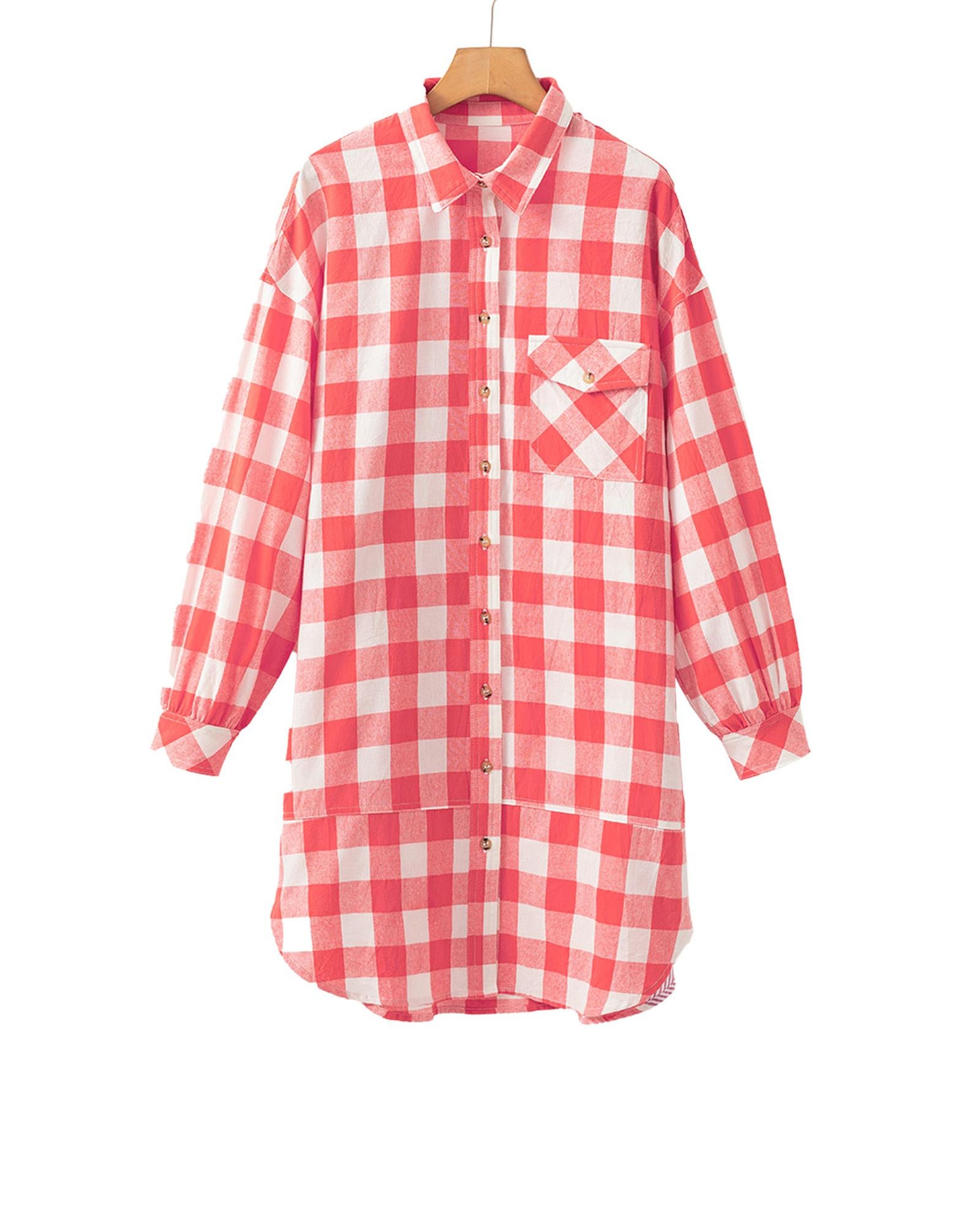 Pink Oversized Plaid Puff Sleeve Round Hem Shirt Dress - M 3