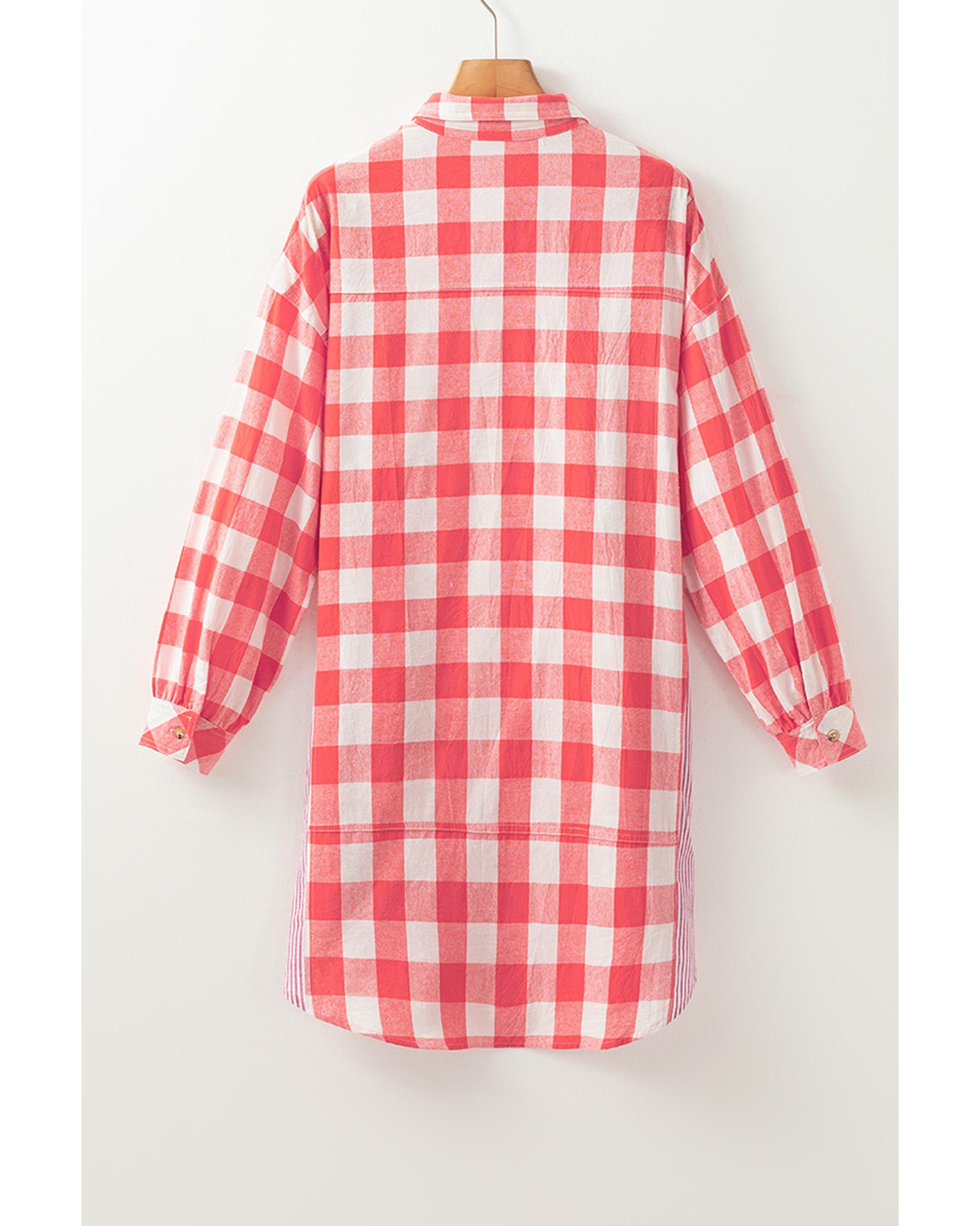 Pink Oversized Plaid Puff Sleeve Round Hem Shirt Dress - S 8