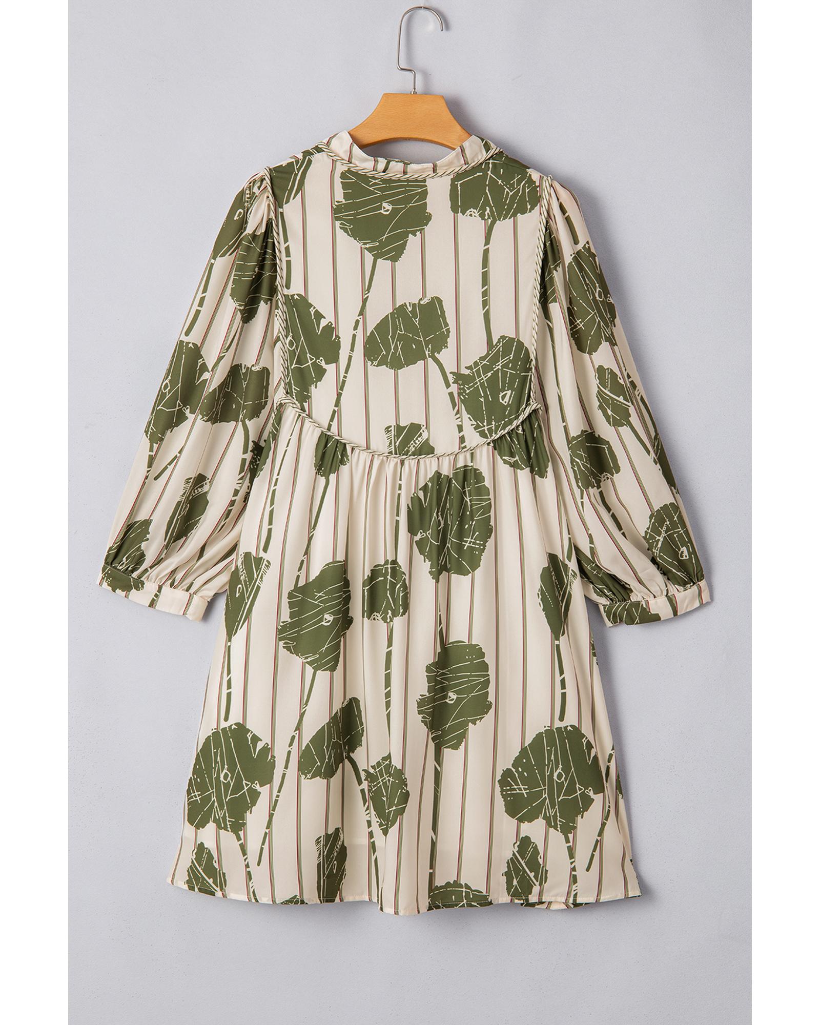 Guacamole Green Floral Striped Print Contrast Piping Puff Sleeve Dress - L