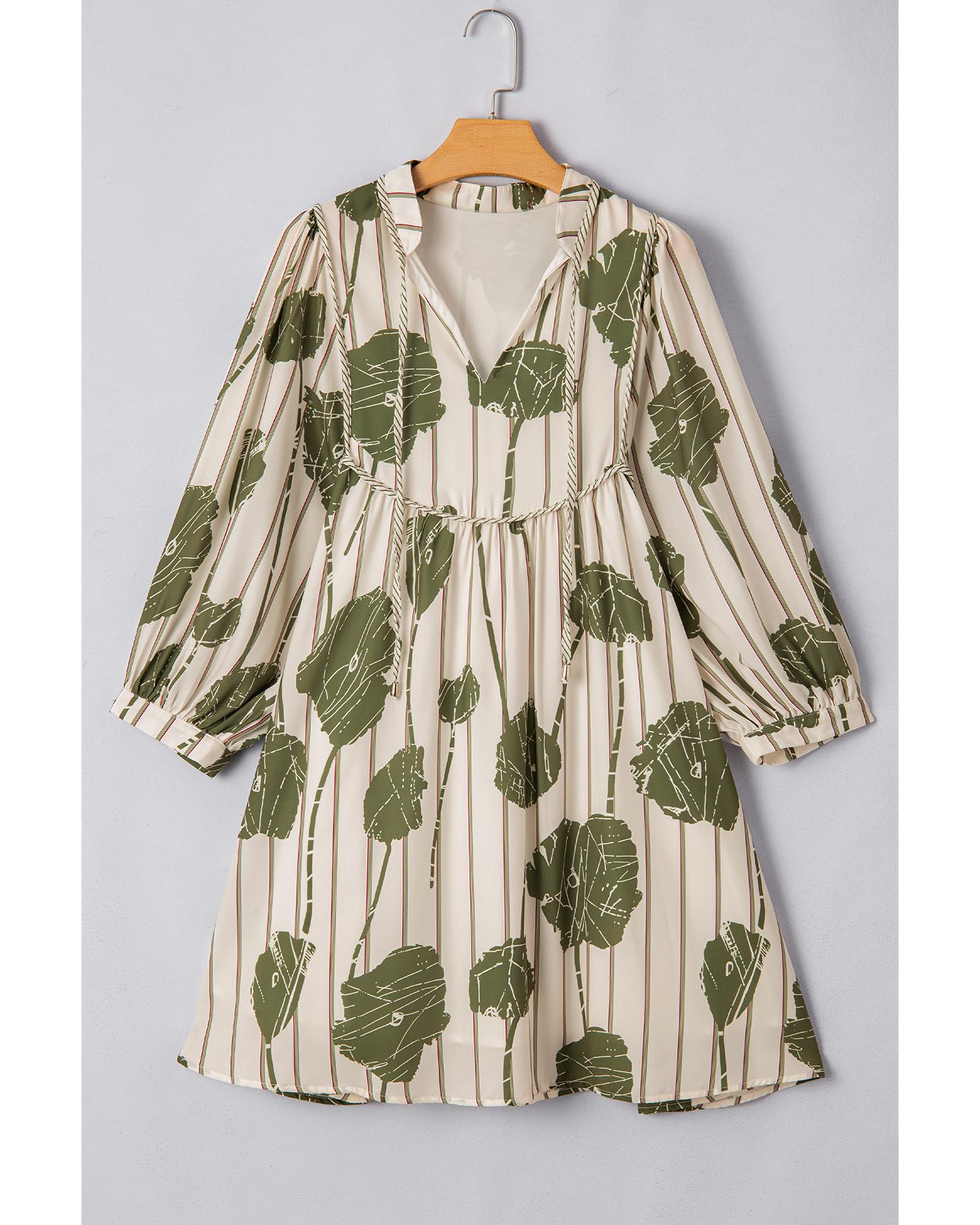 Guacamole Green Floral Striped Print Contrast Piping Puff Sleeve Dress - L 5