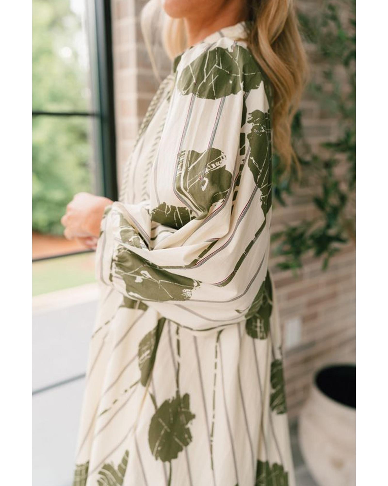 Guacamole Green Floral Striped Print Contrast Piping Puff Sleeve Dress - L 7