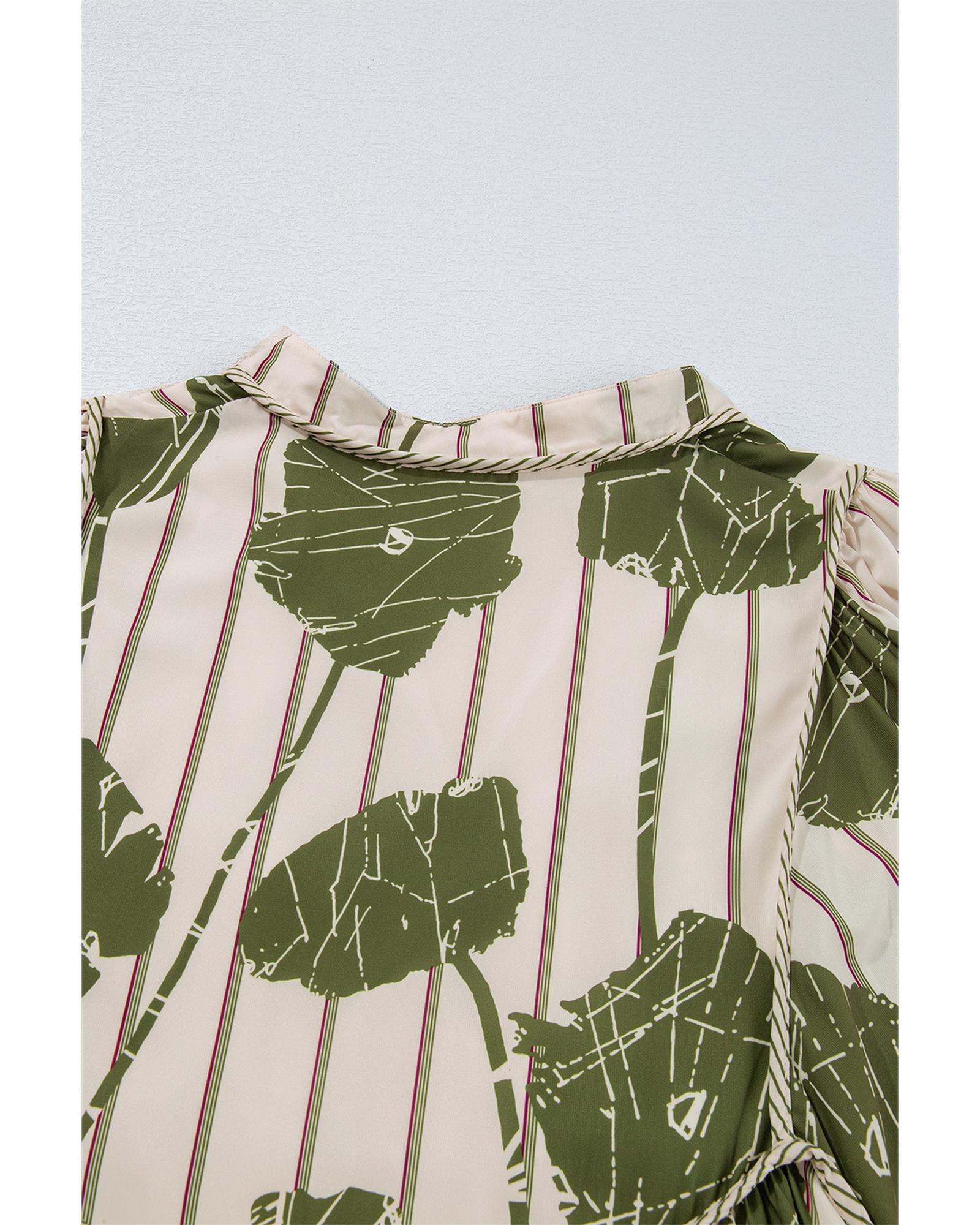 Guacamole Green Floral Striped Print Contrast Piping Puff Sleeve Dress - XL 3