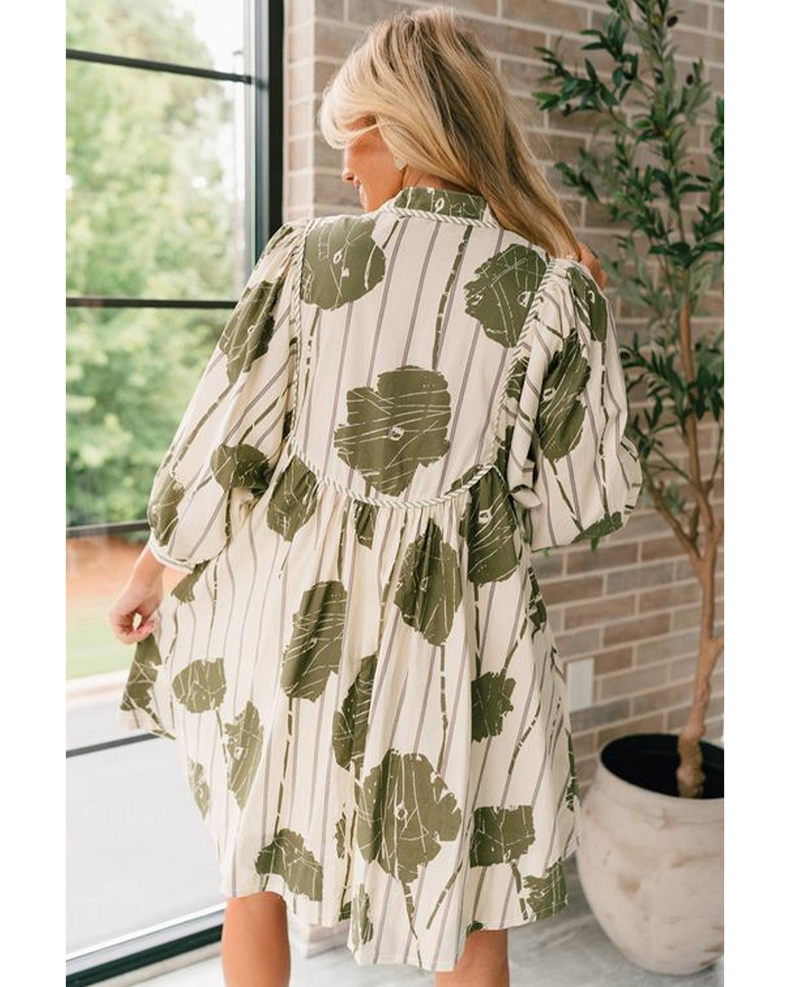 Guacamole Green Floral Striped Print Contrast Piping Puff Sleeve Dress - XL 6