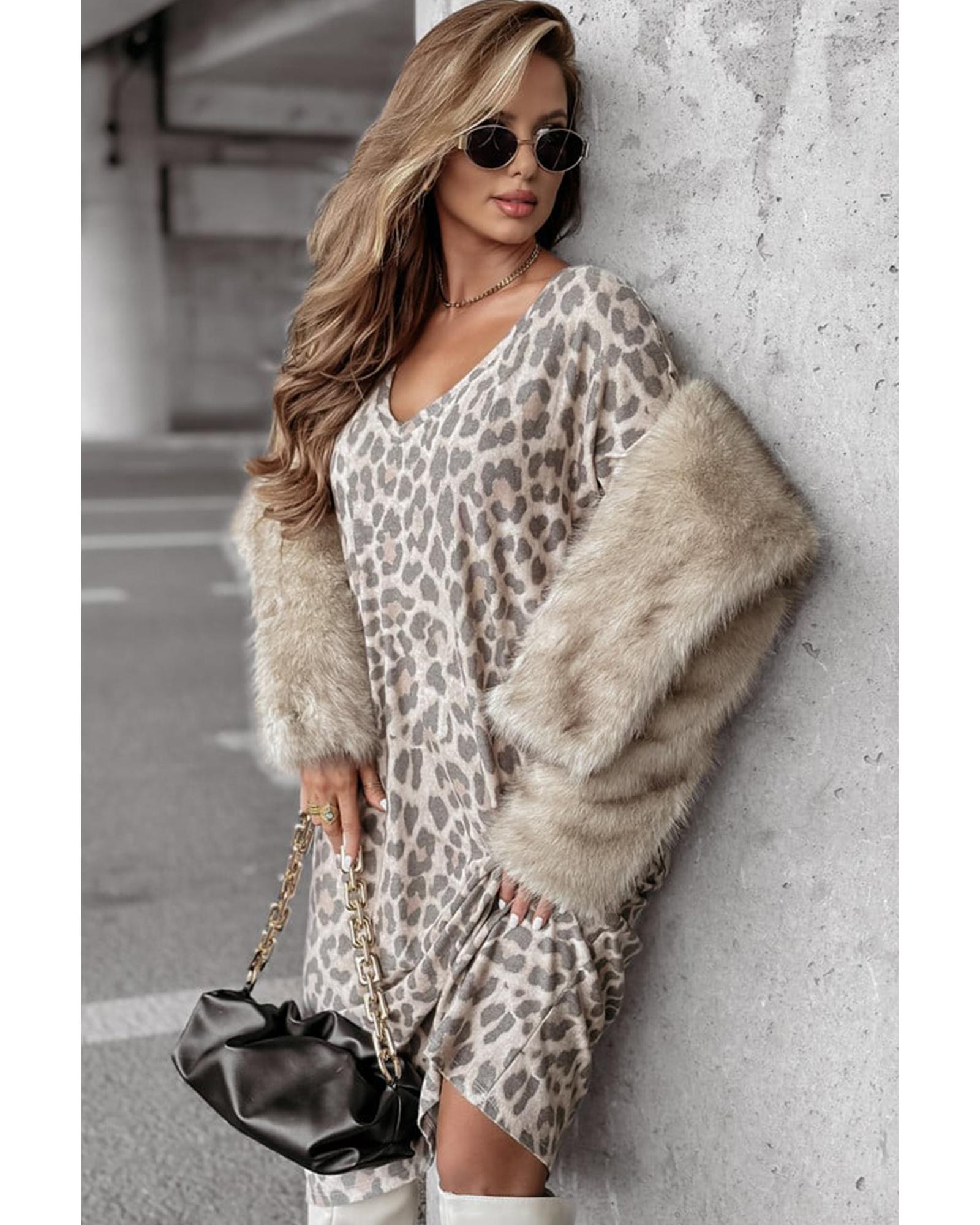 Gray Leopard Print V Neck Loose Fit Mini Dress - L 8