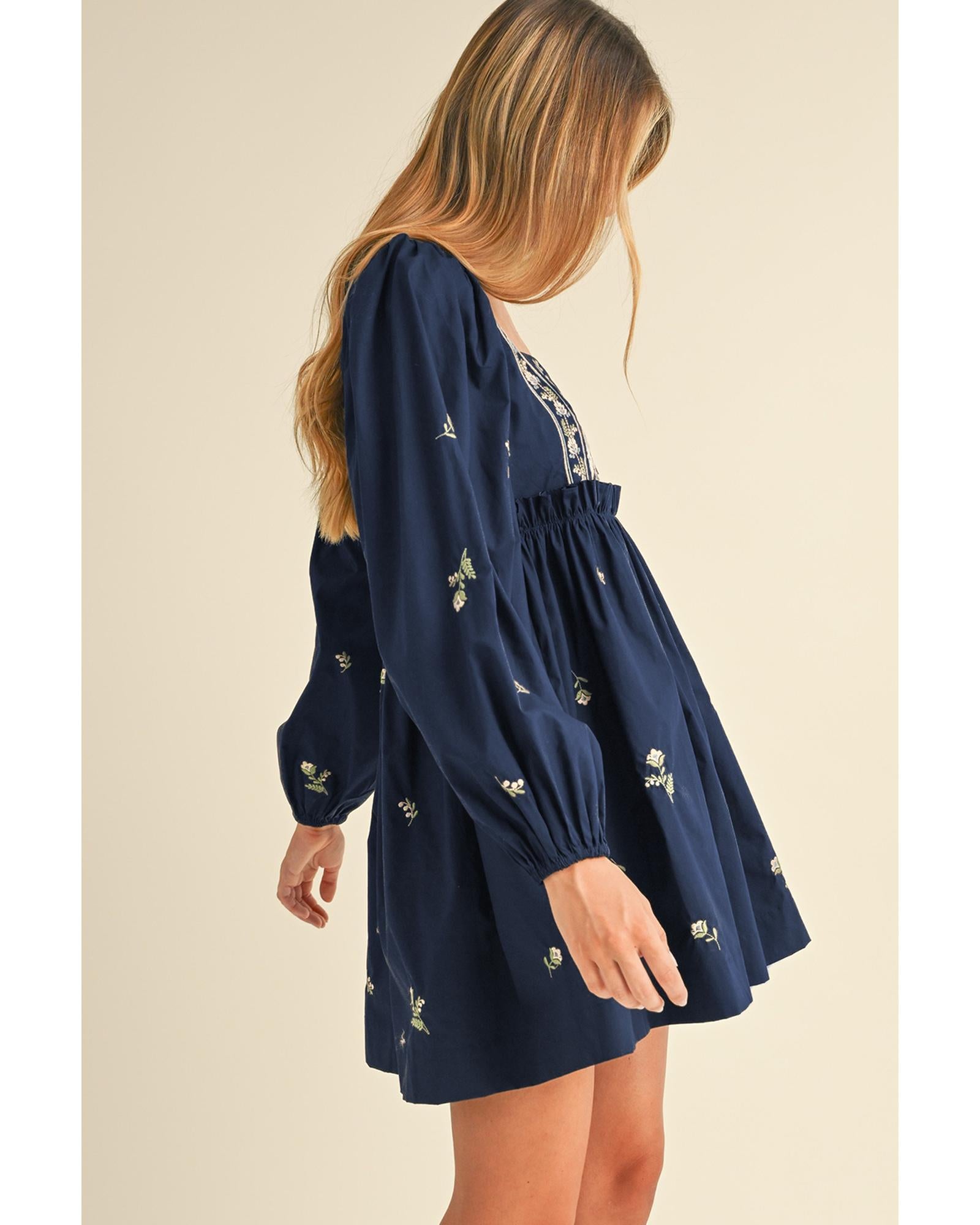 Blue Floral Embroidered Square Neck Puff Sleeve Ruffled Mini Dress - S 3