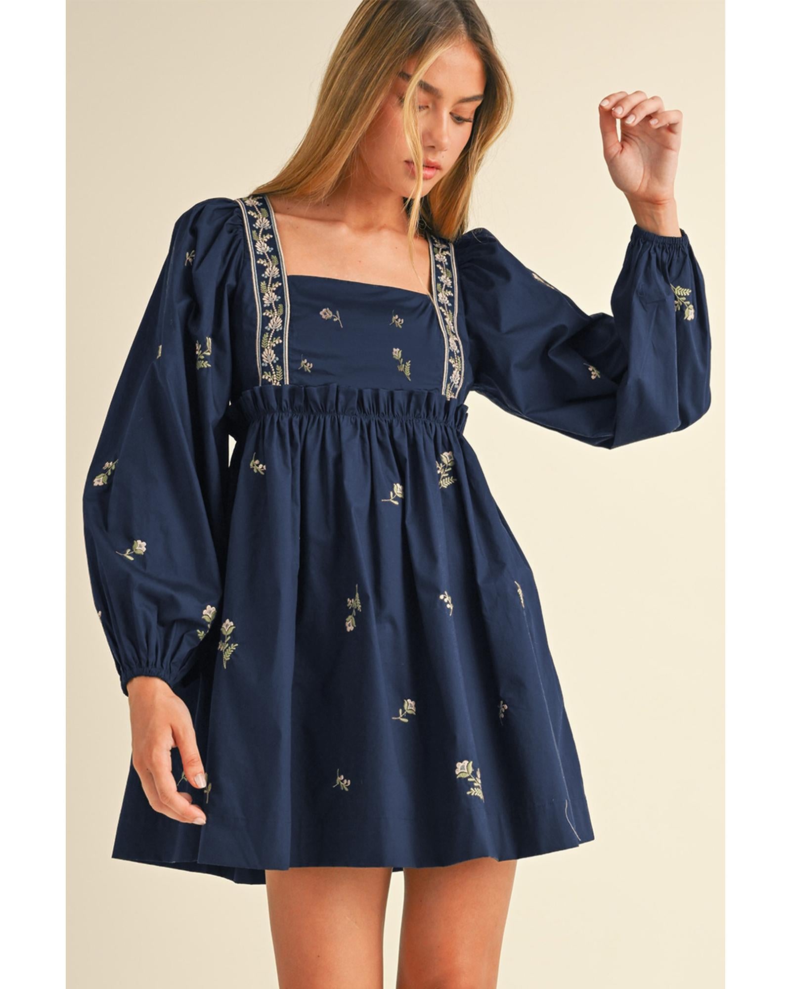 Blue Floral Embroidered Square Neck Puff Sleeve Ruffled Mini Dress - S 4