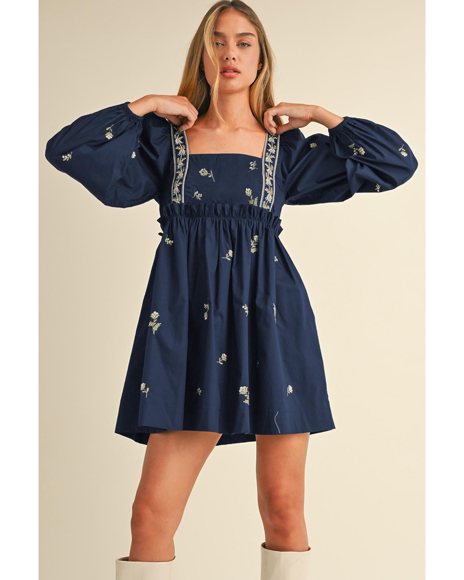 Blue Floral Embroidered Square Neck Puff Sleeve Ruffled Mini Dress - S 5