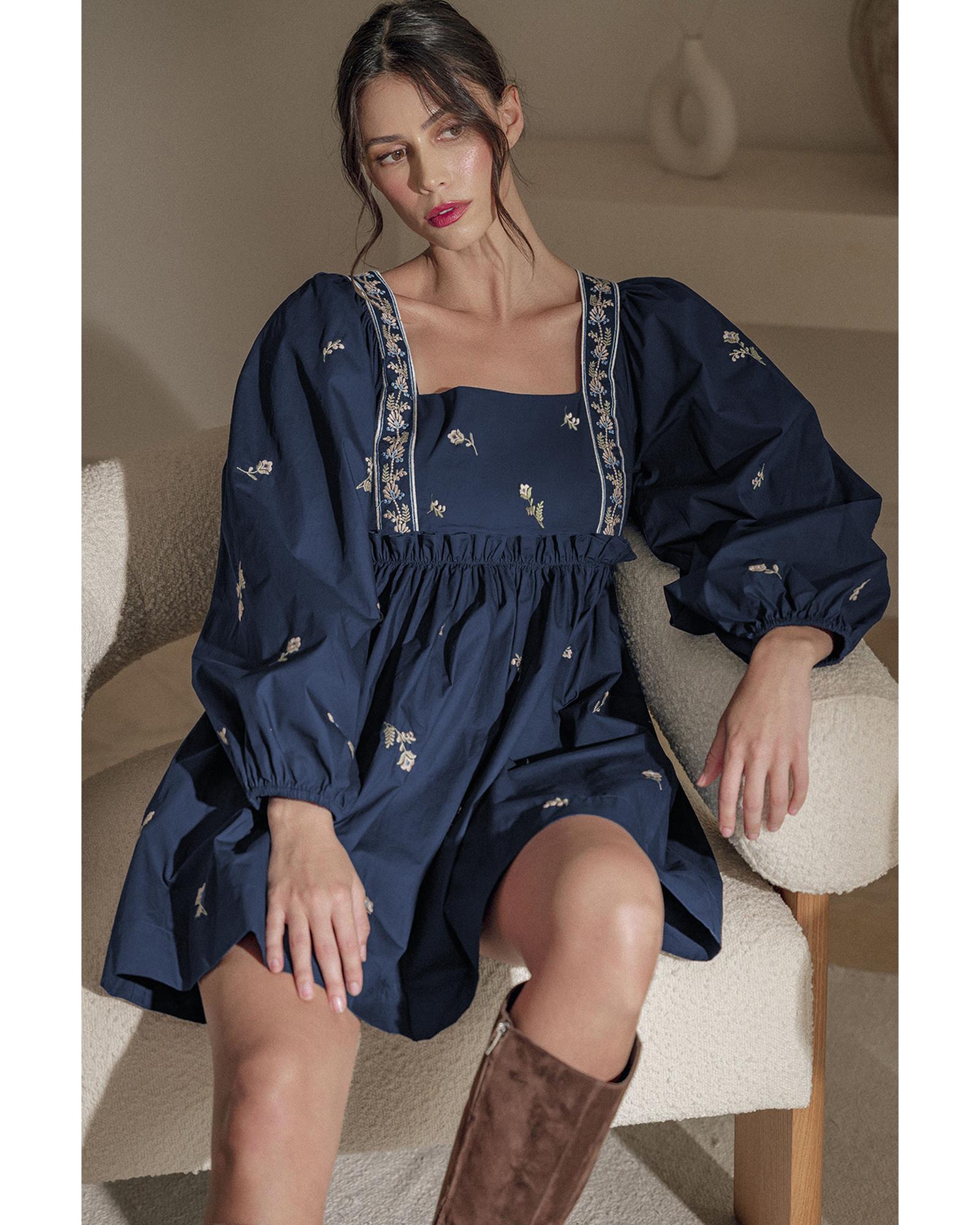Blue Floral Embroidered Square Neck Puff Sleeve Ruffled Mini Dress - S 6