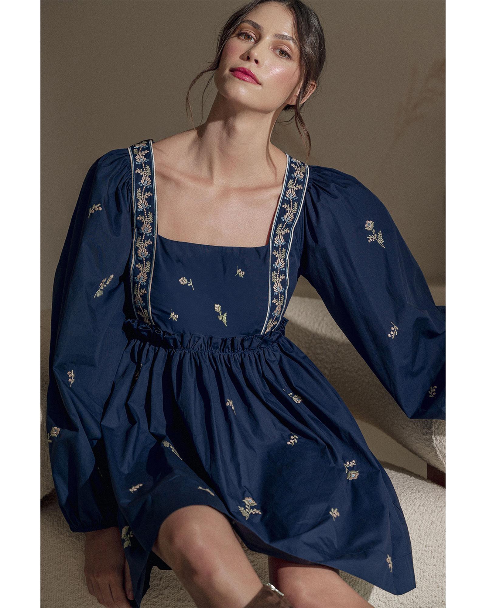 Blue Floral Embroidered Square Neck Puff Sleeve Ruffled Mini Dress - S 7