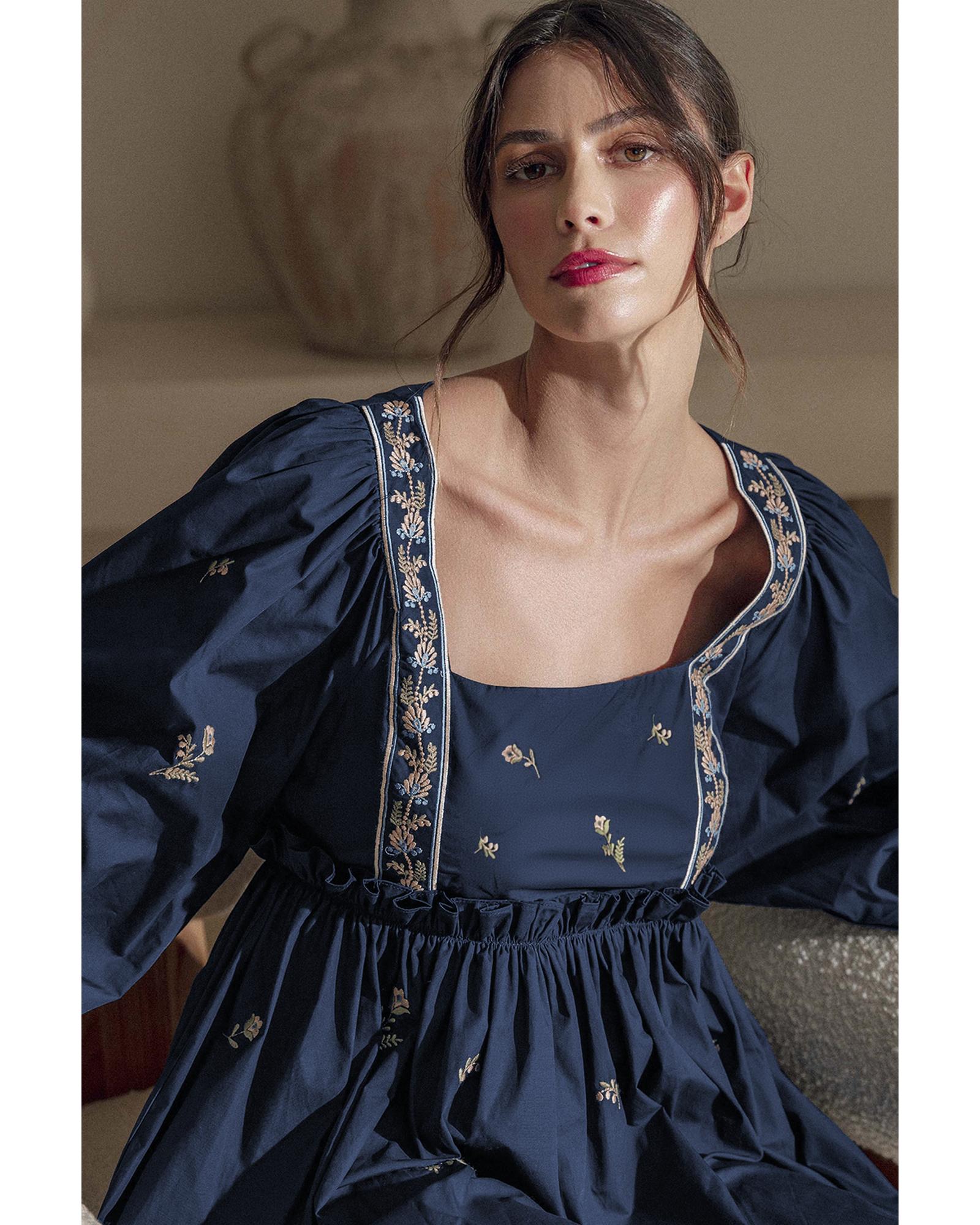 Blue Floral Embroidered Square Neck Puff Sleeve Ruffled Mini Dress - S 8