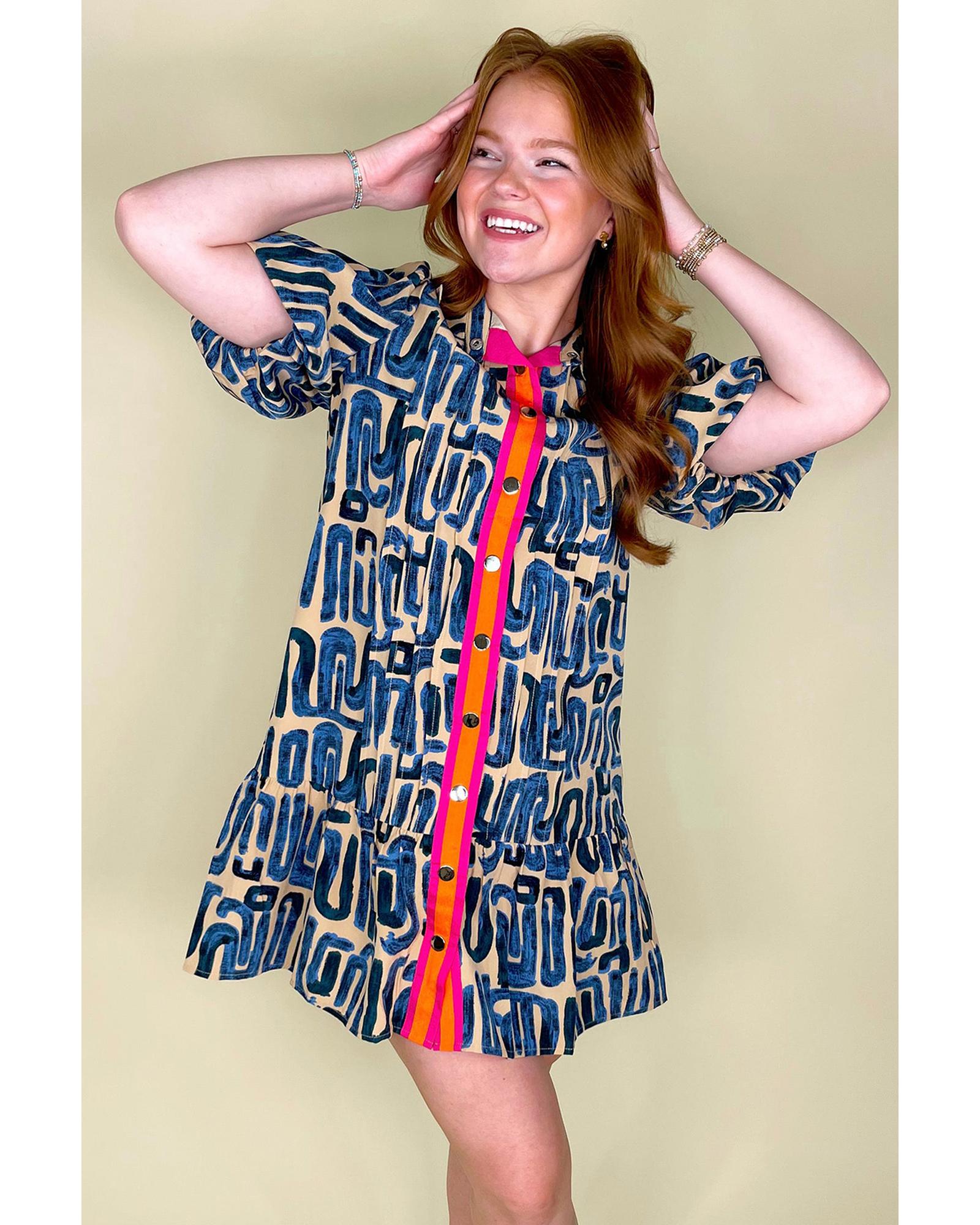 Beige Abstract Print Bubble Sleeve Button up Mini Dress - XL 4