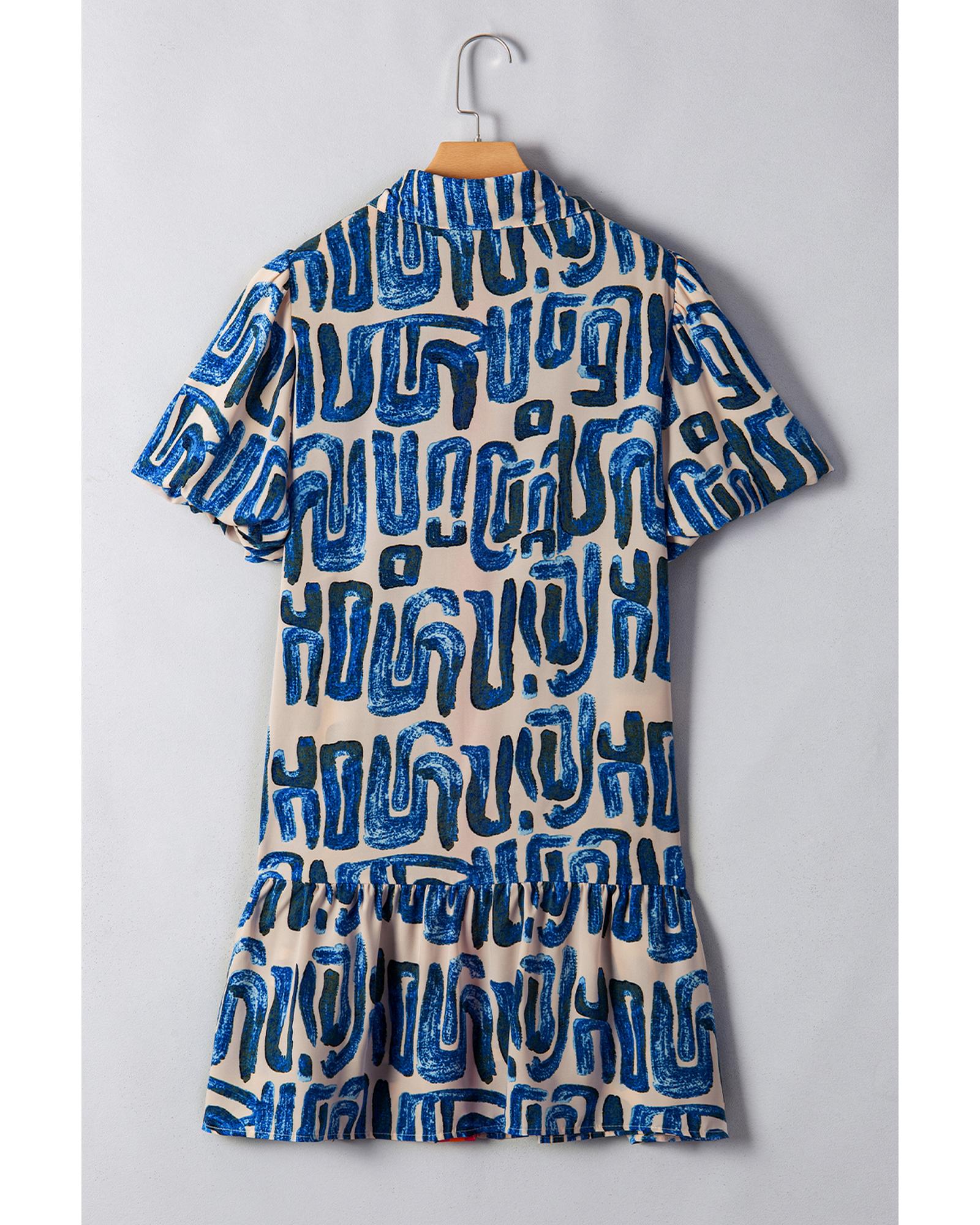Beige Abstract Print Bubble Sleeve Button up Mini Dress - XL 5