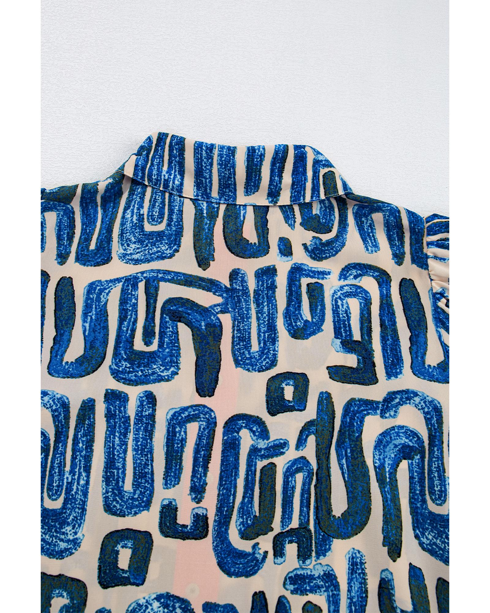 Beige Abstract Print Bubble Sleeve Button up Mini Dress - XL 6