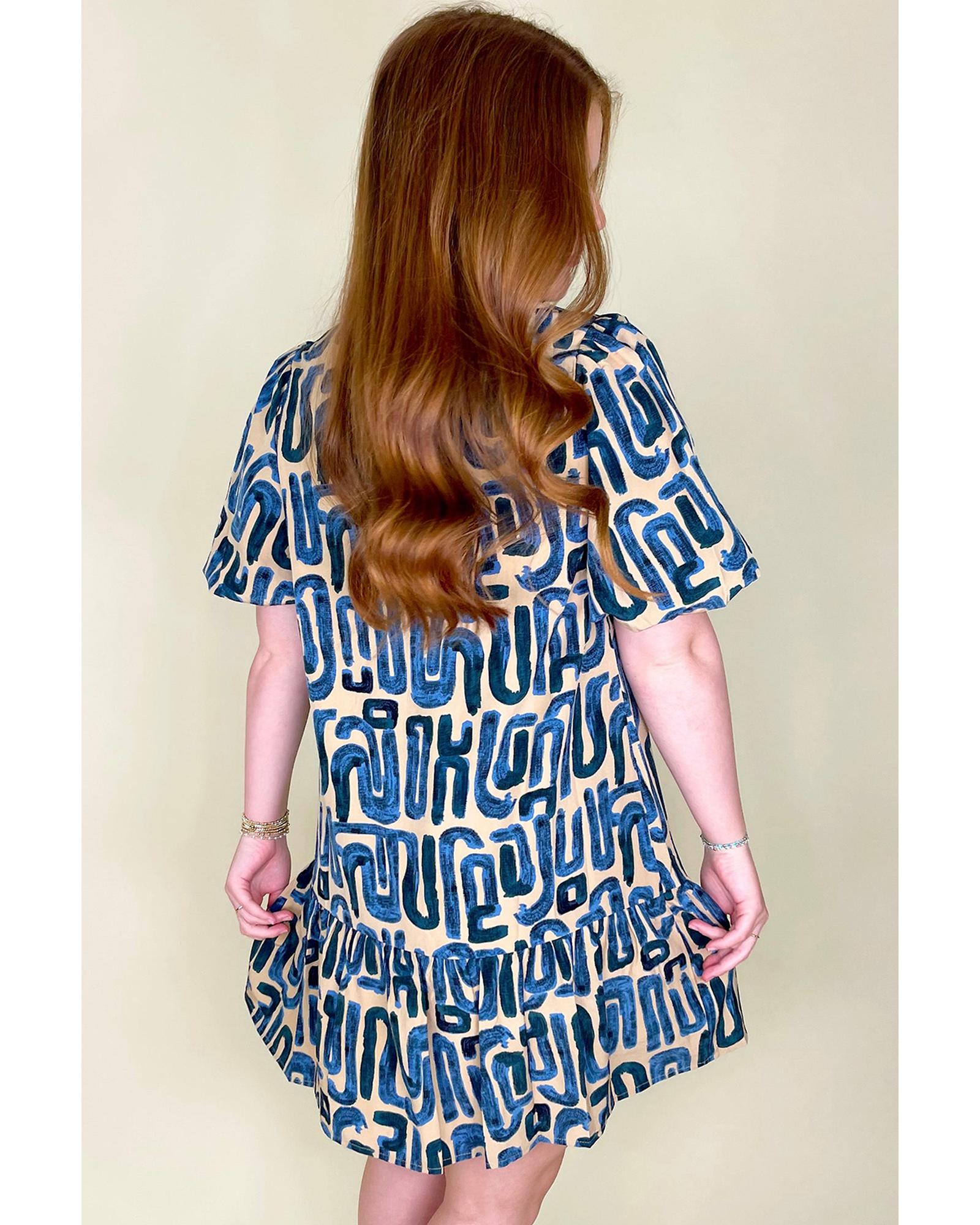 Beige Abstract Print Bubble Sleeve Button up Mini Dress - XL 7