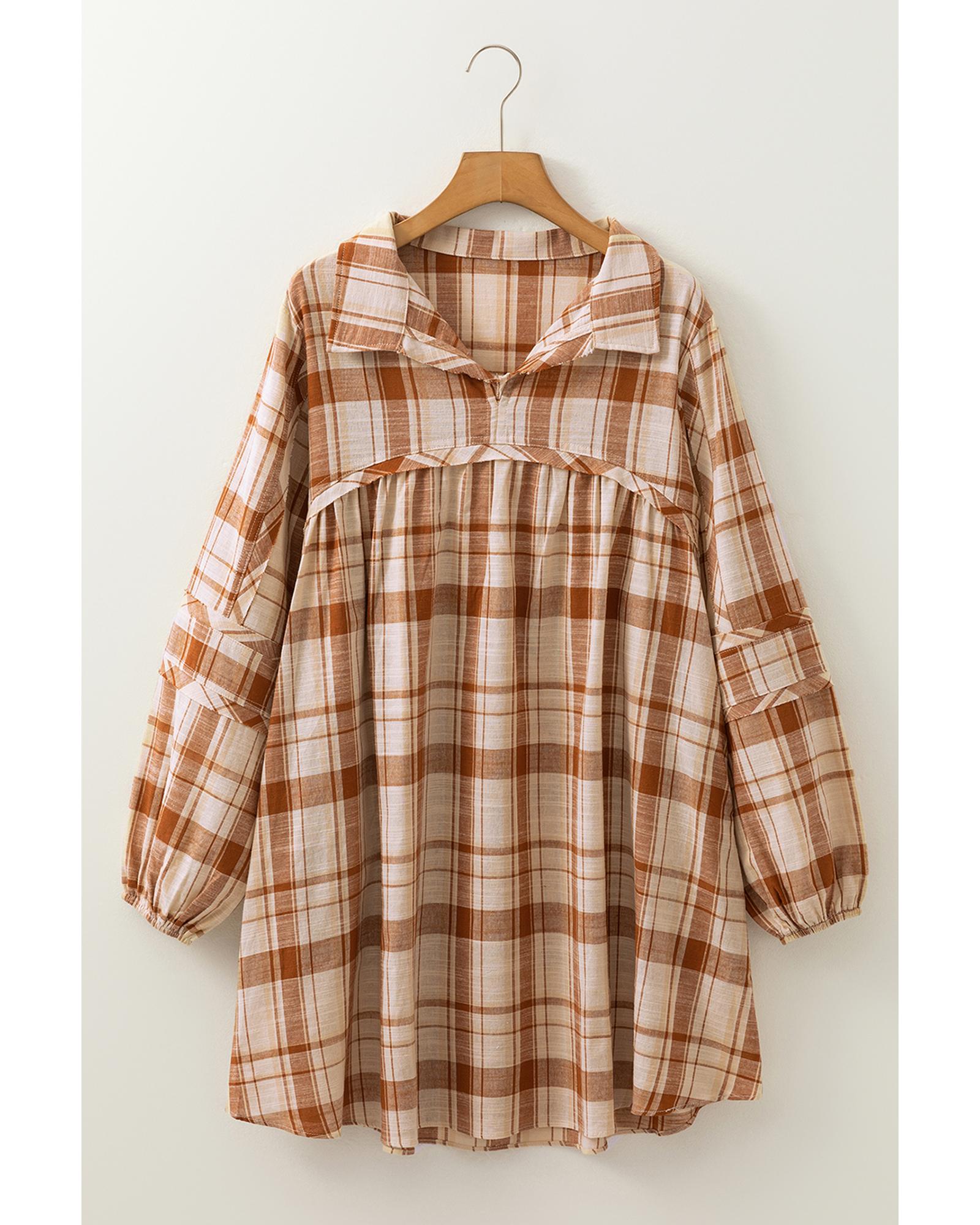 Brown Plaid Print Side Pockets Frilled Babydoll Mini Dress - XL 3