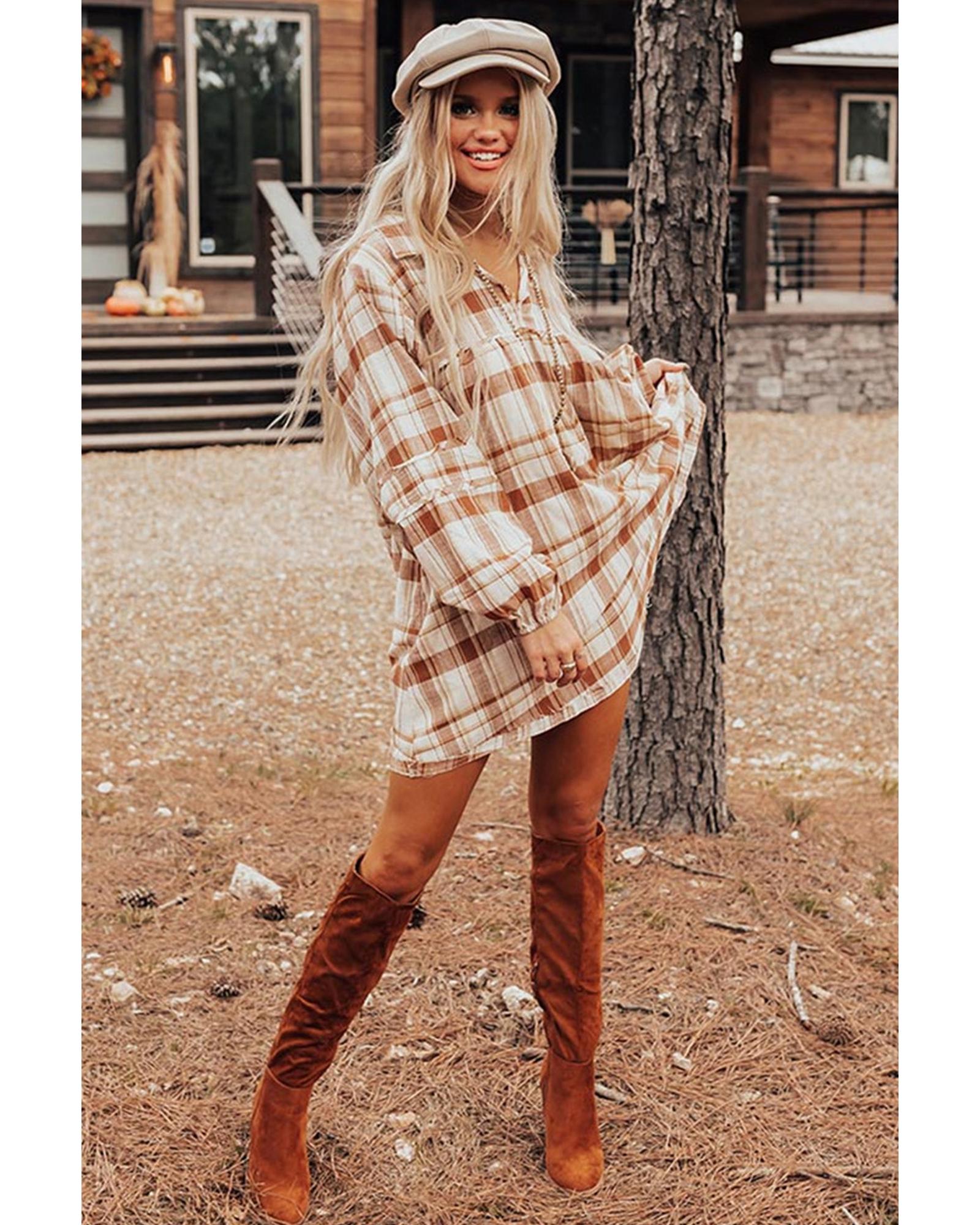 Brown Plaid Print Side Pockets Frilled Babydoll Mini Dress - XL 7