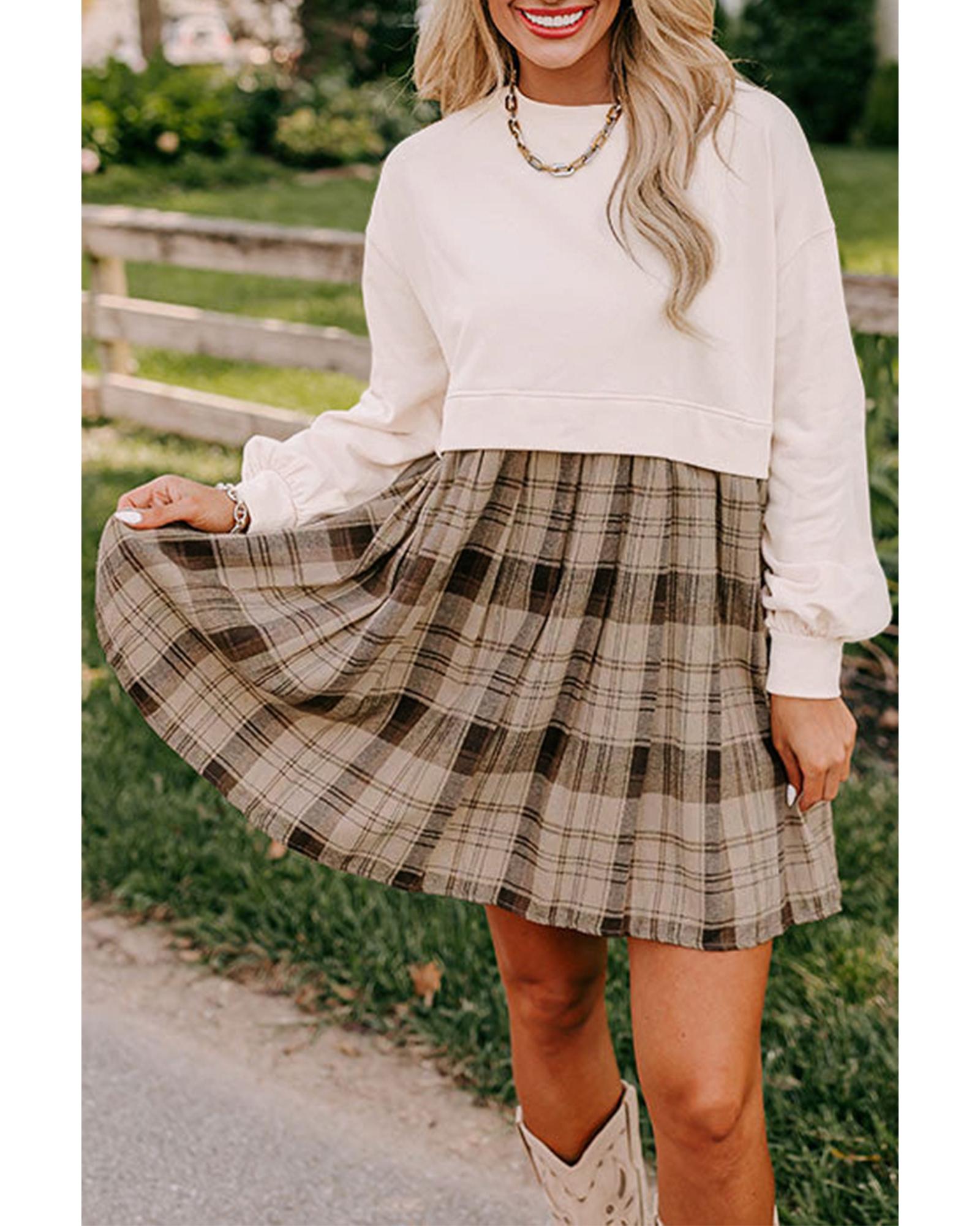 Beige Plaid Patchwork High Waist Sweatshirt Mini Dress - S