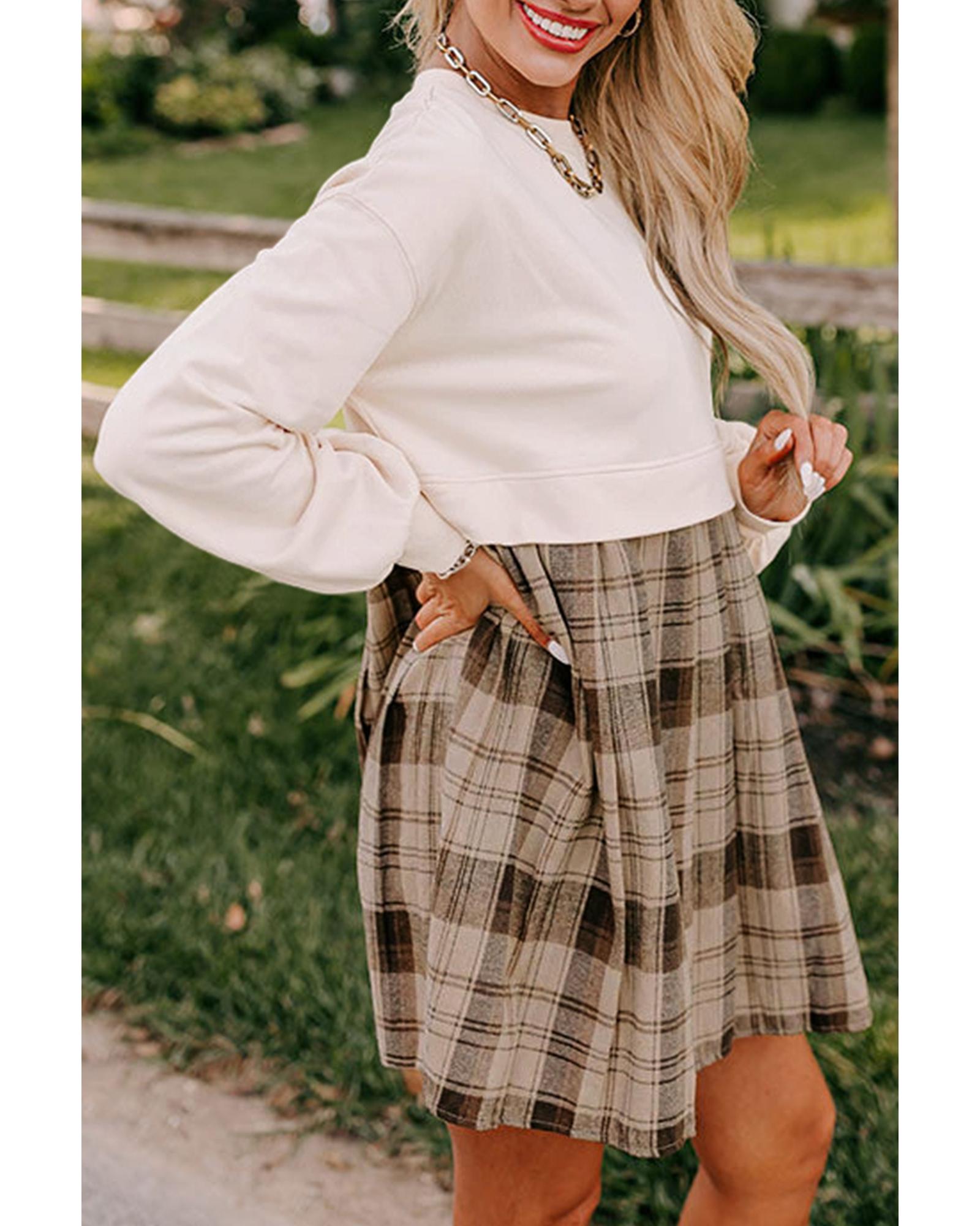 Beige Plaid Patchwork High Waist Sweatshirt Mini Dress - S 5