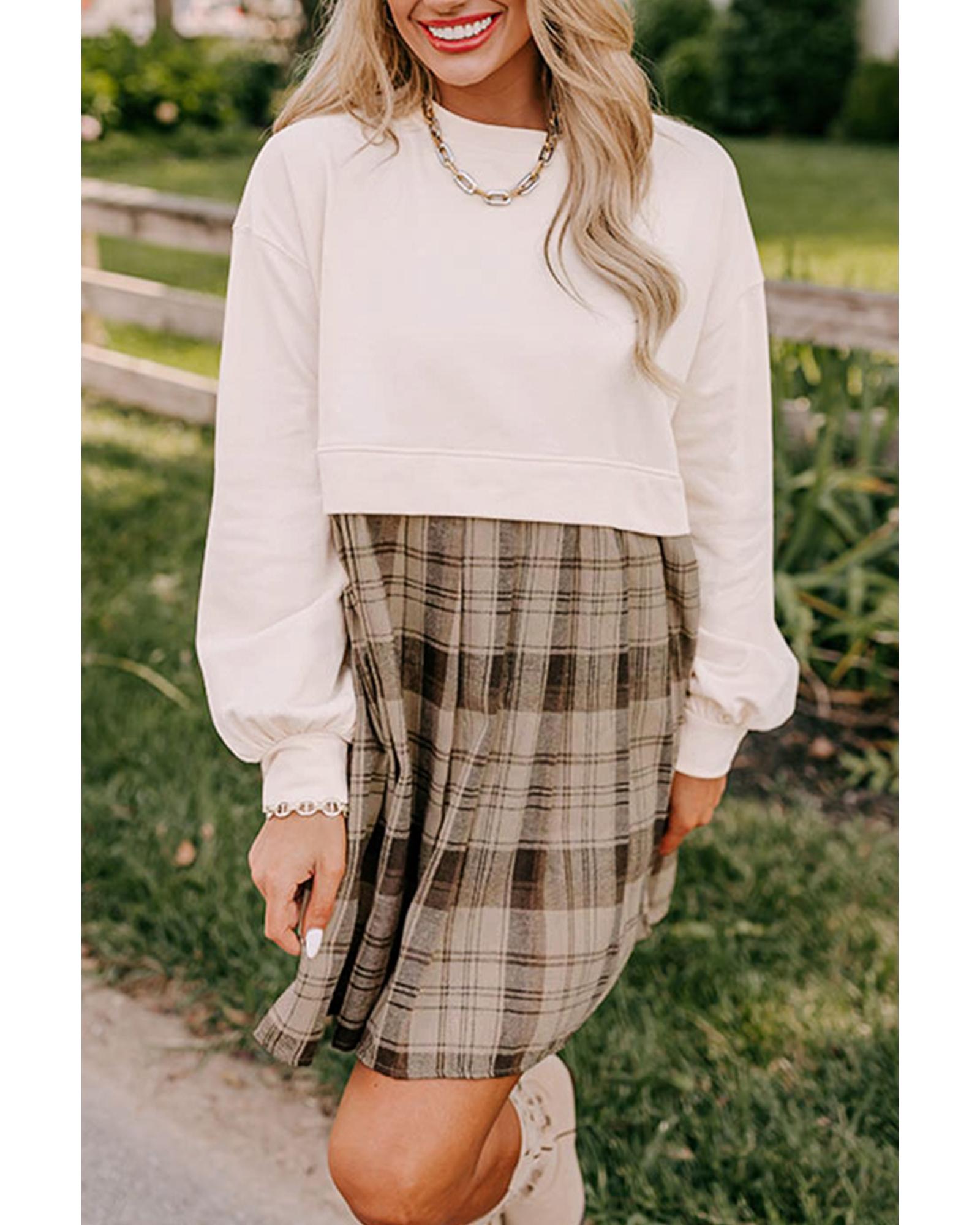 Beige Plaid Patchwork High Waist Sweatshirt Mini Dress - S 6