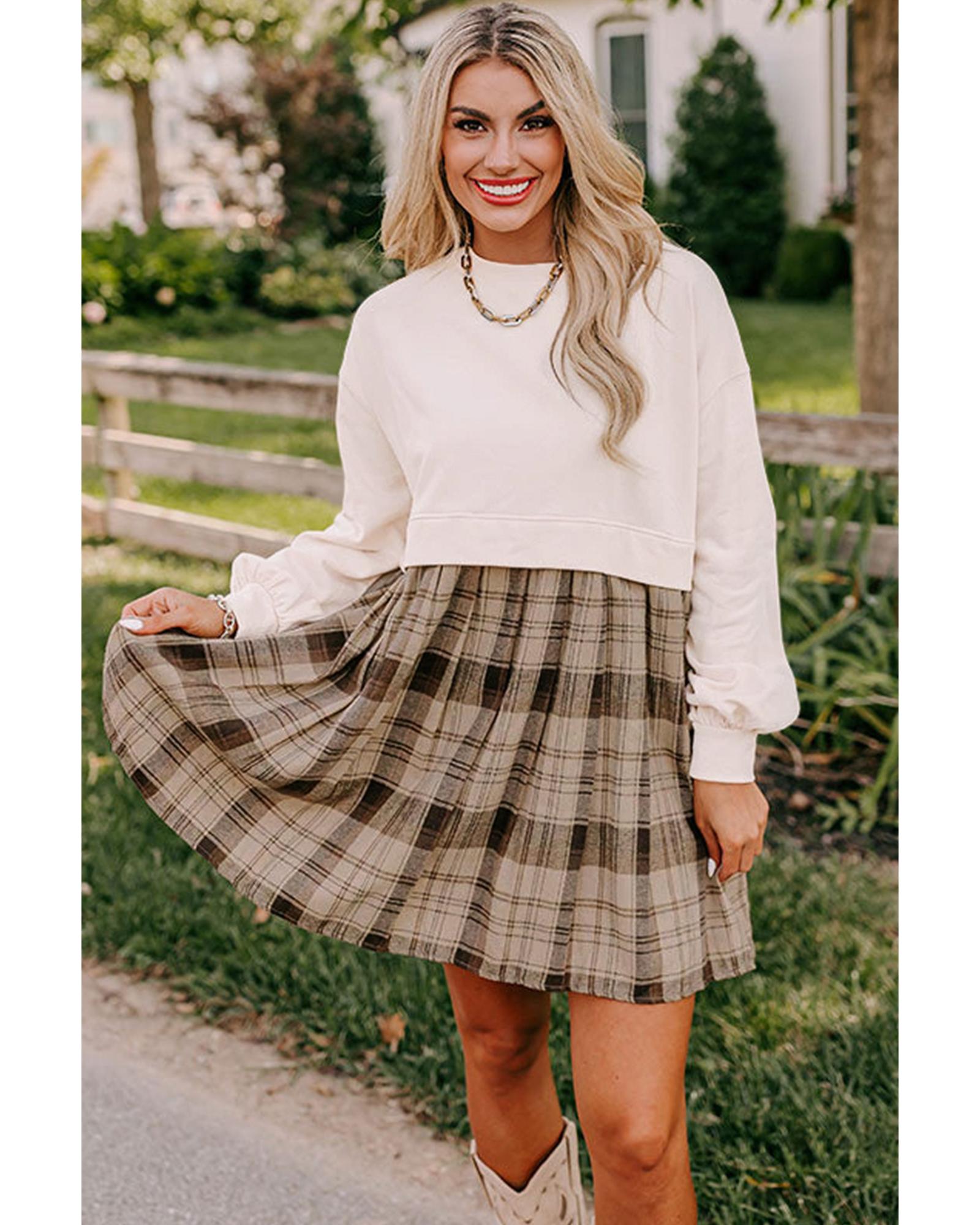 Beige Plaid Patchwork High Waist Sweatshirt Mini Dress - S 7