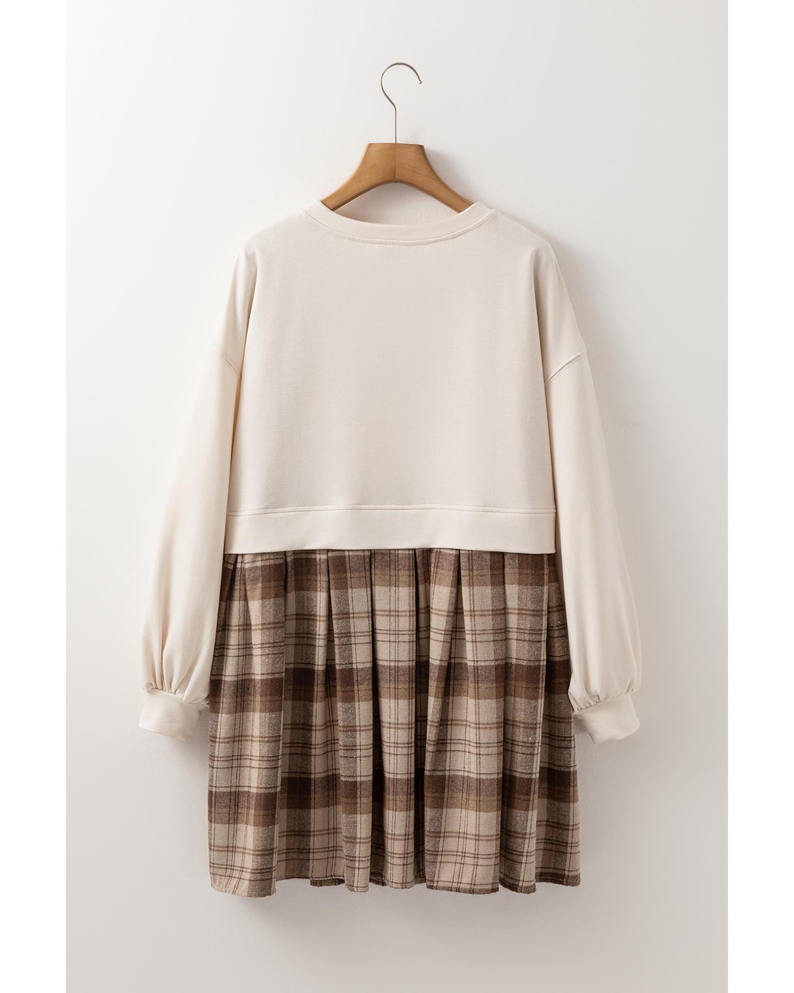 Beige Plaid Patchwork High Waist Sweatshirt Mini Dress - XL