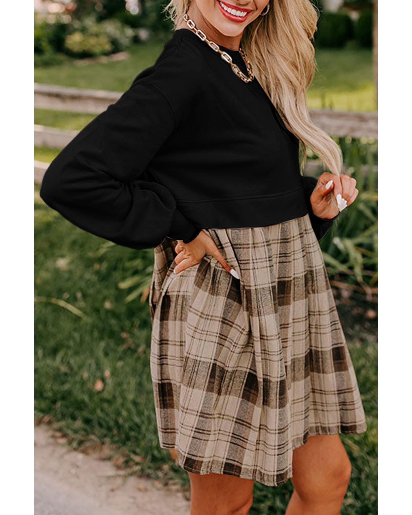 Black Plaid Patchwork High Waist Sweatshirt Mini Dress - M 3