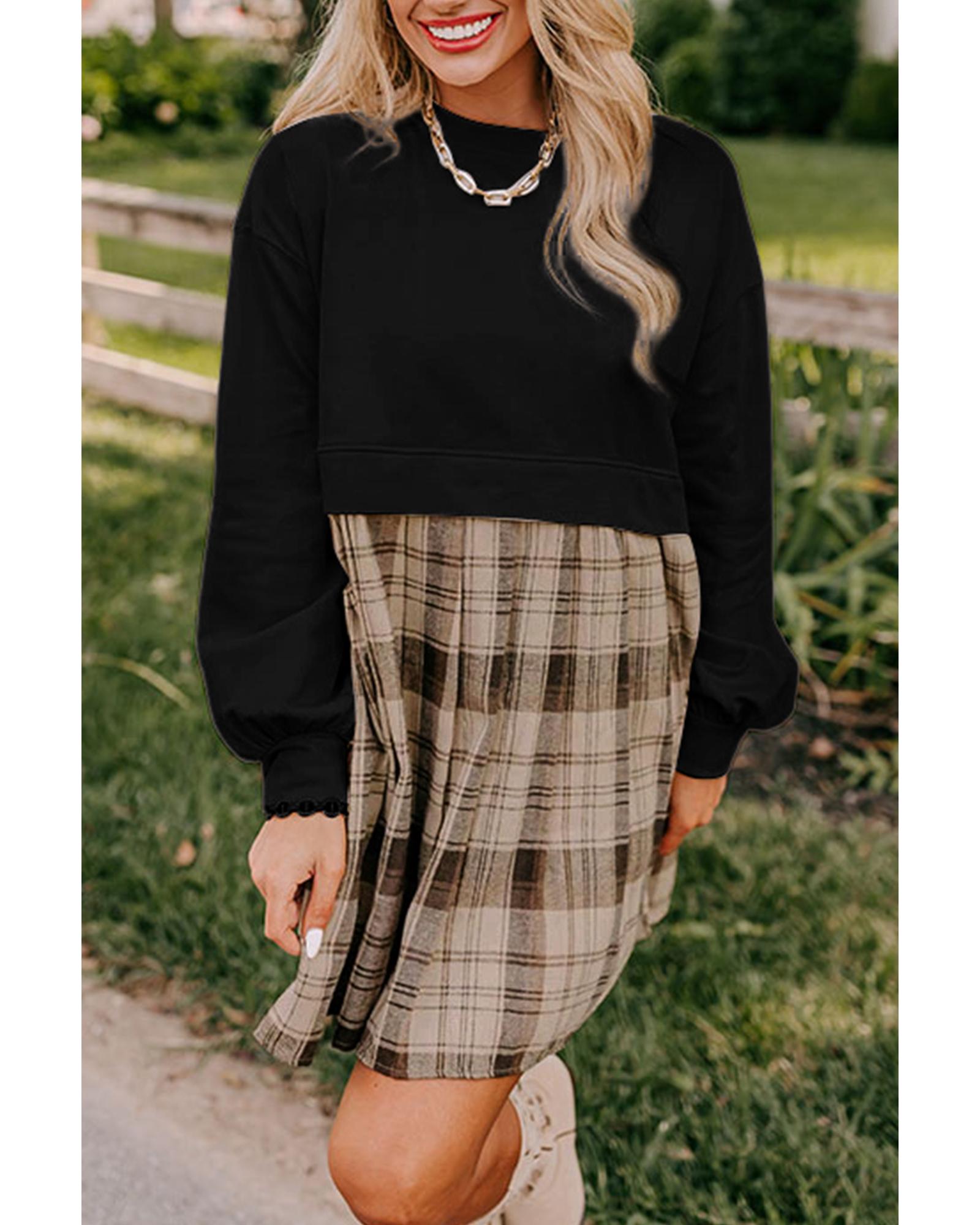 Black Plaid Patchwork High Waist Sweatshirt Mini Dress - M 4