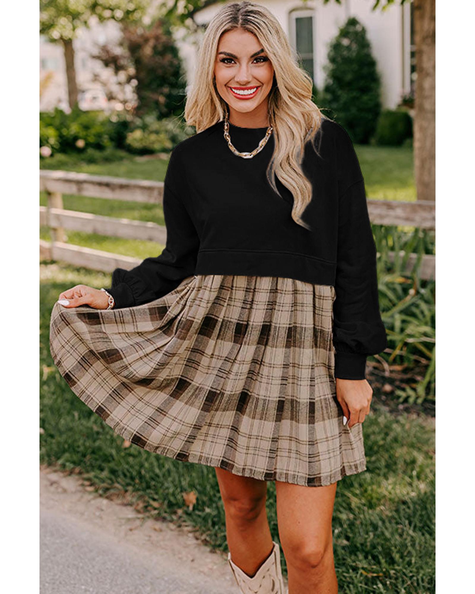 Black Plaid Patchwork High Waist Sweatshirt Mini Dress - M 5