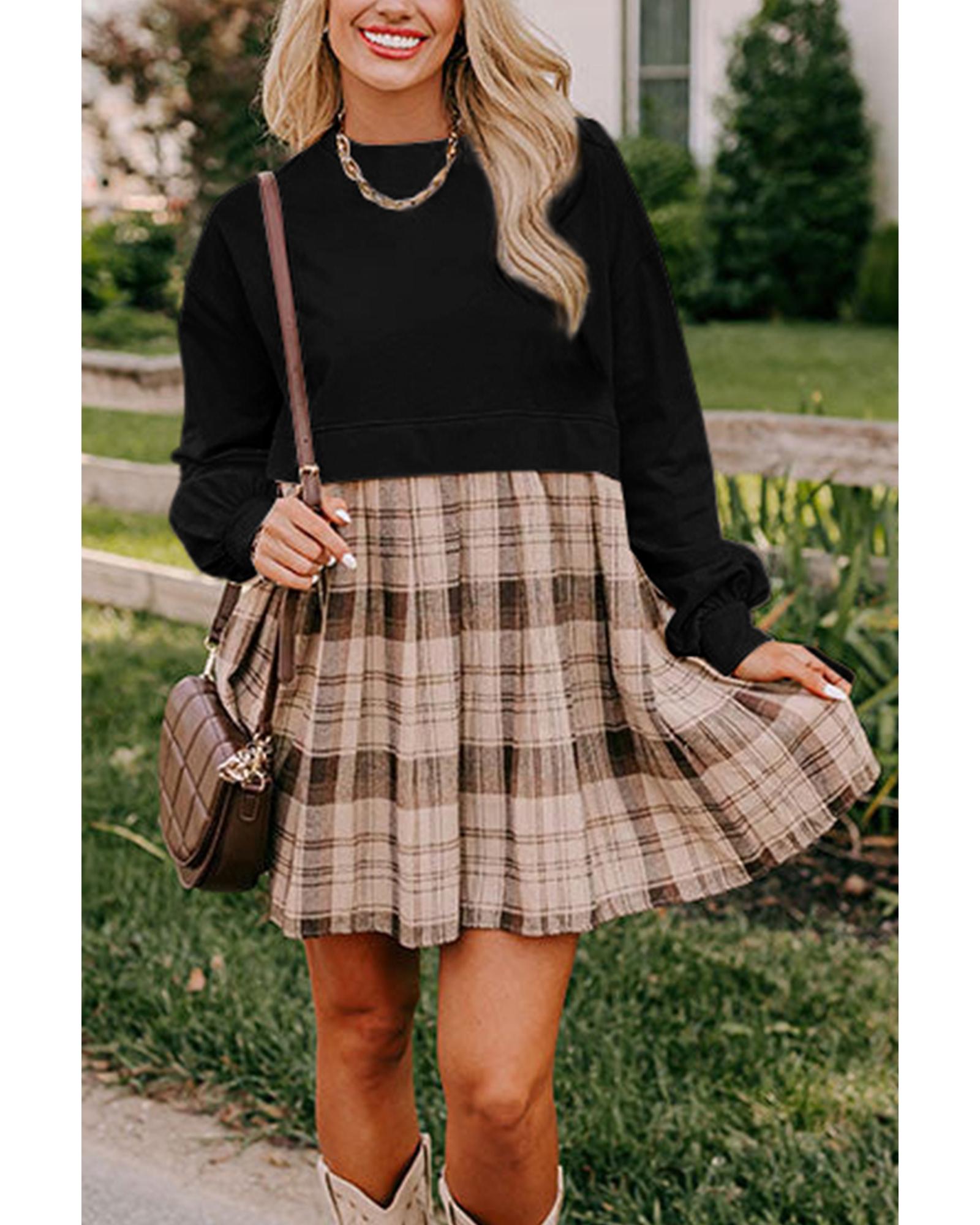 Black Plaid Patchwork High Waist Sweatshirt Mini Dress - M 6