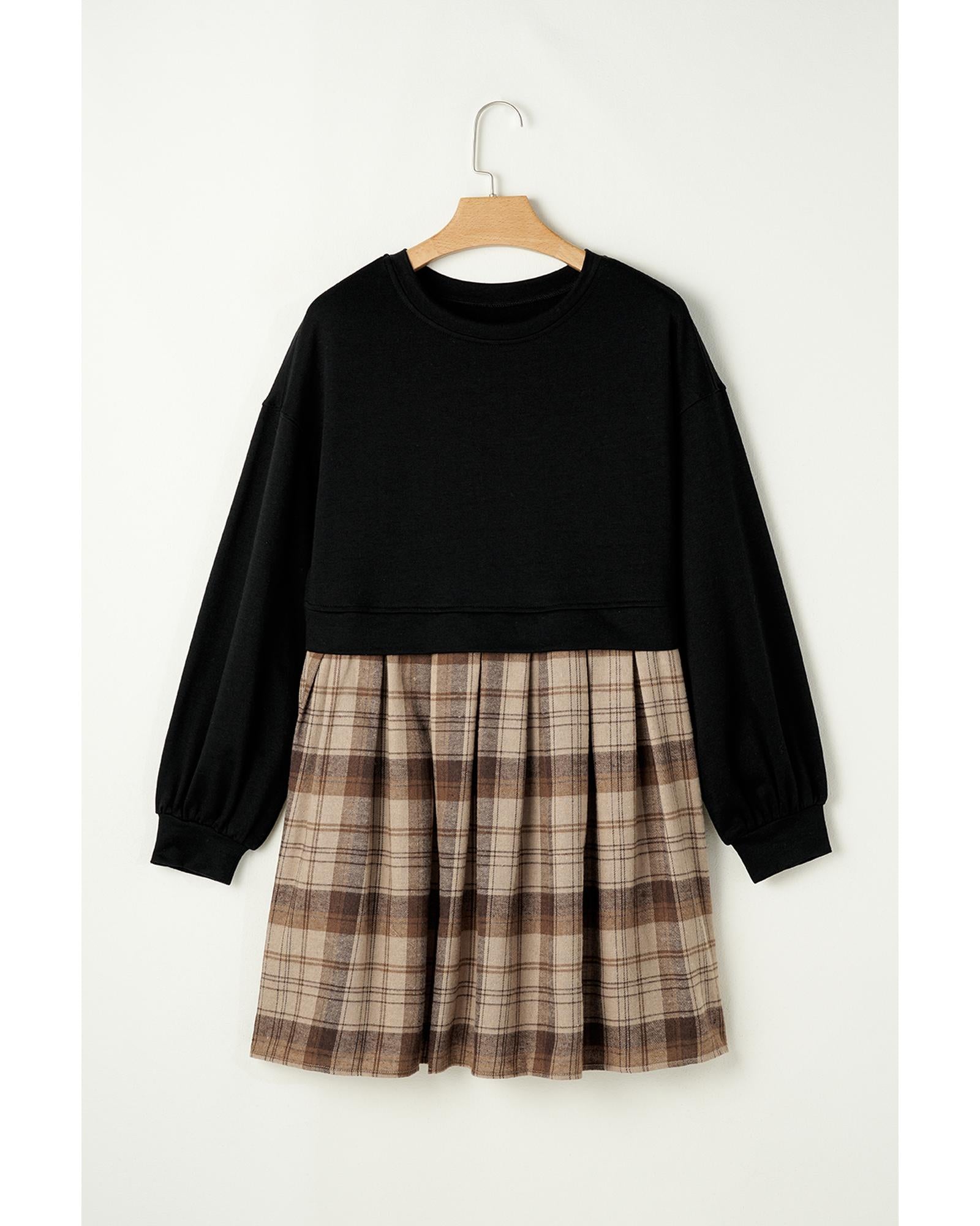 Black Plaid Patchwork High Waist Sweatshirt Mini Dress - M 8