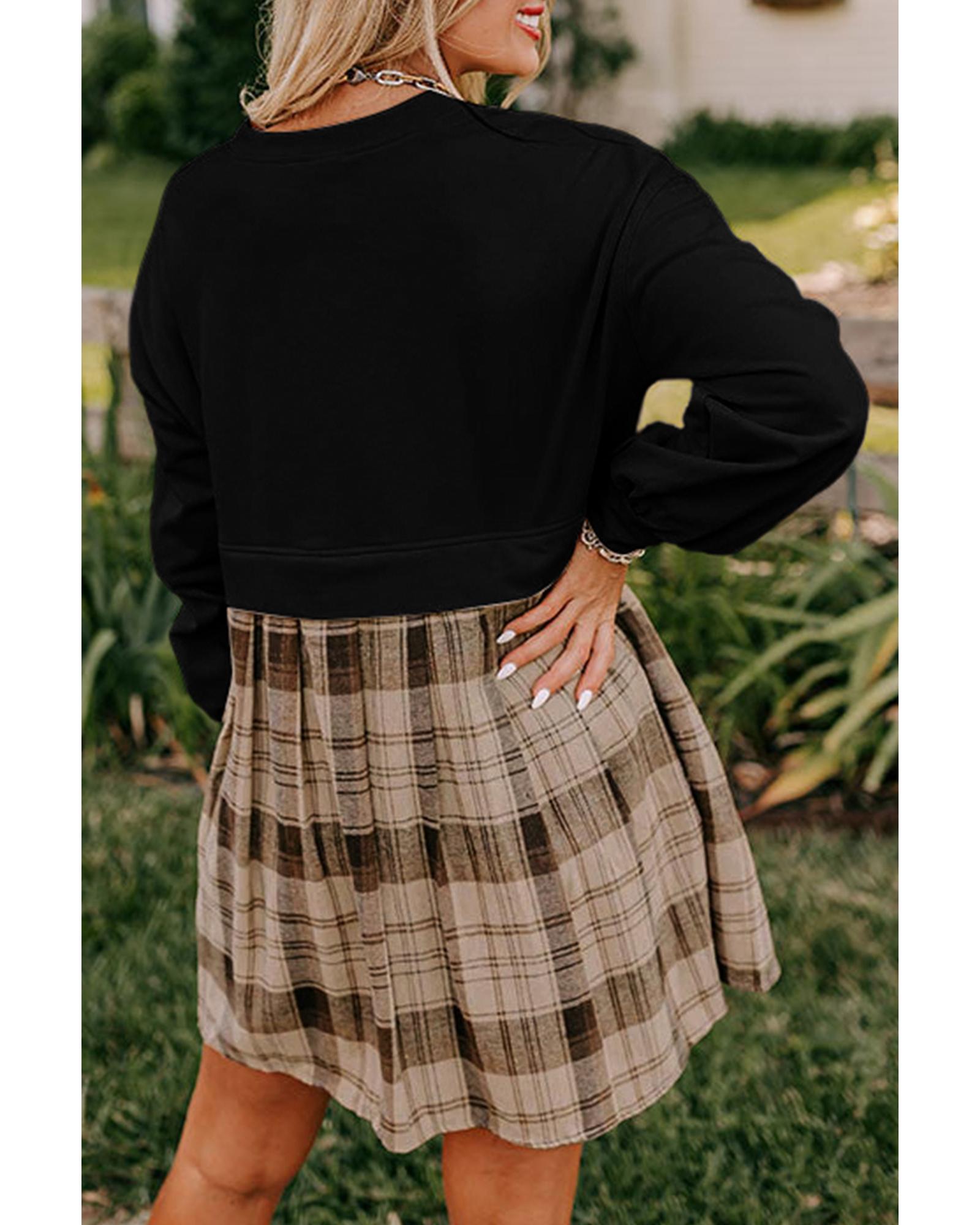 Black Plaid Patchwork High Waist Sweatshirt Mini Dress - S