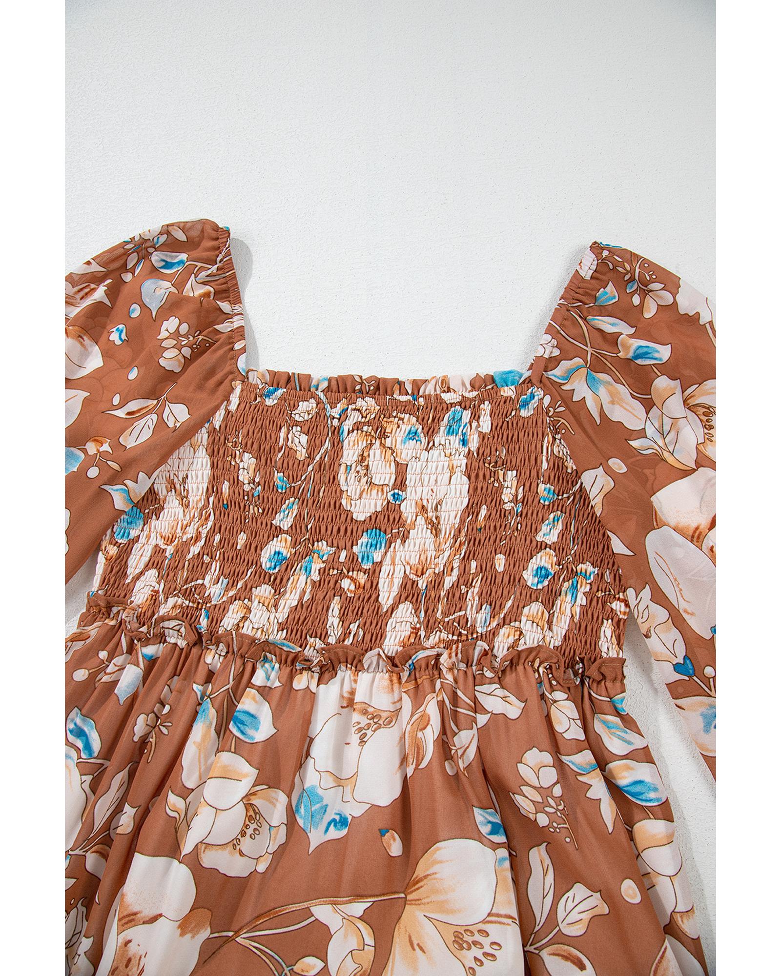 Brown Floral Print Shirred Square Neck High Waist Maxi Dress - M 3
