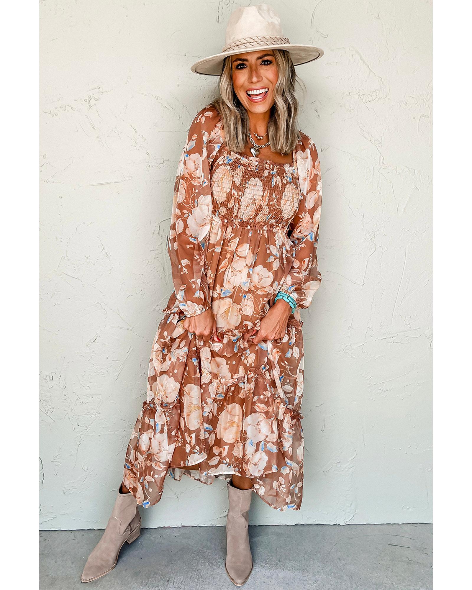 Brown Floral Print Shirred Square Neck High Waist Maxi Dress - M 4