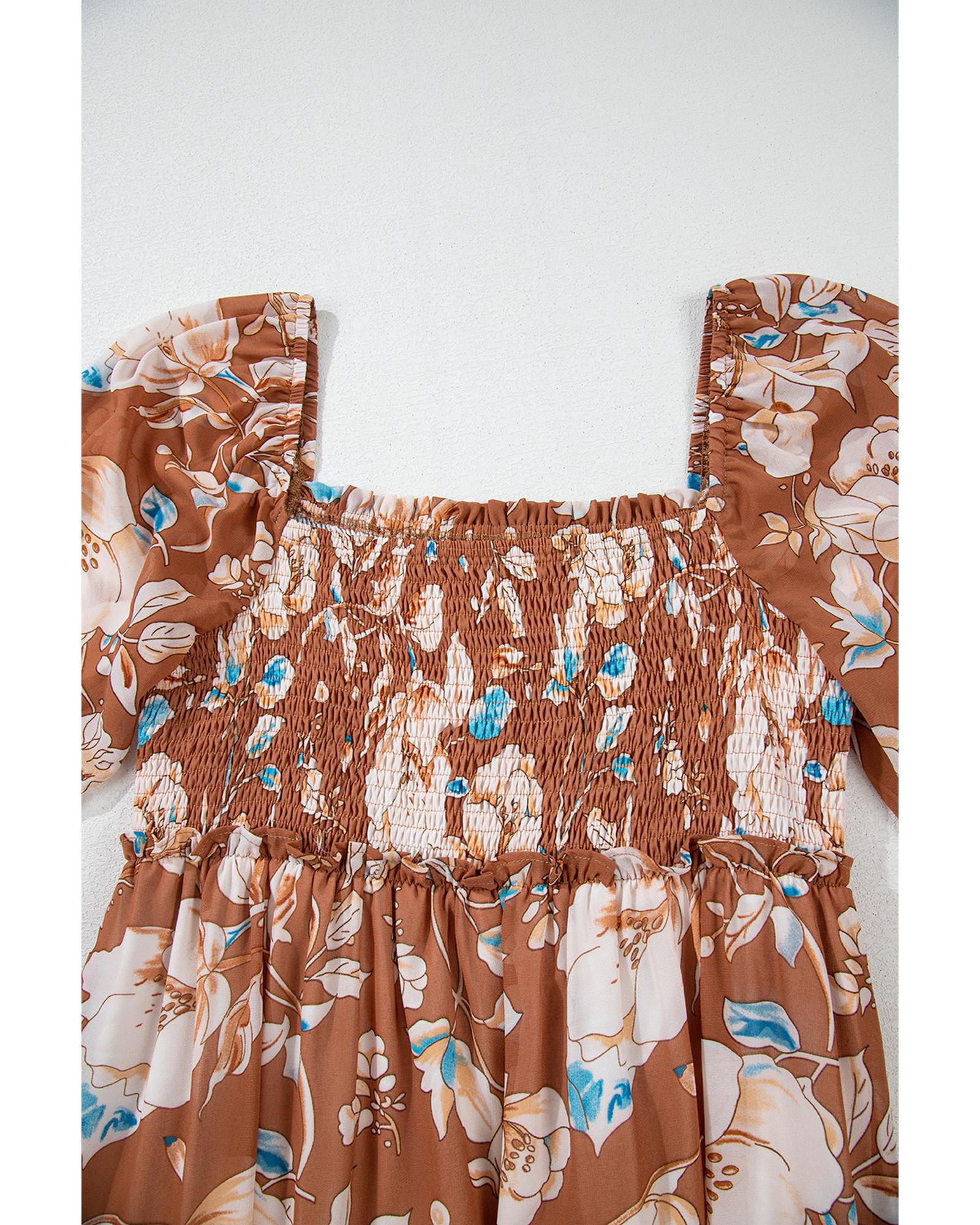 Brown Floral Print Shirred Square Neck High Waist Maxi Dress - M 5