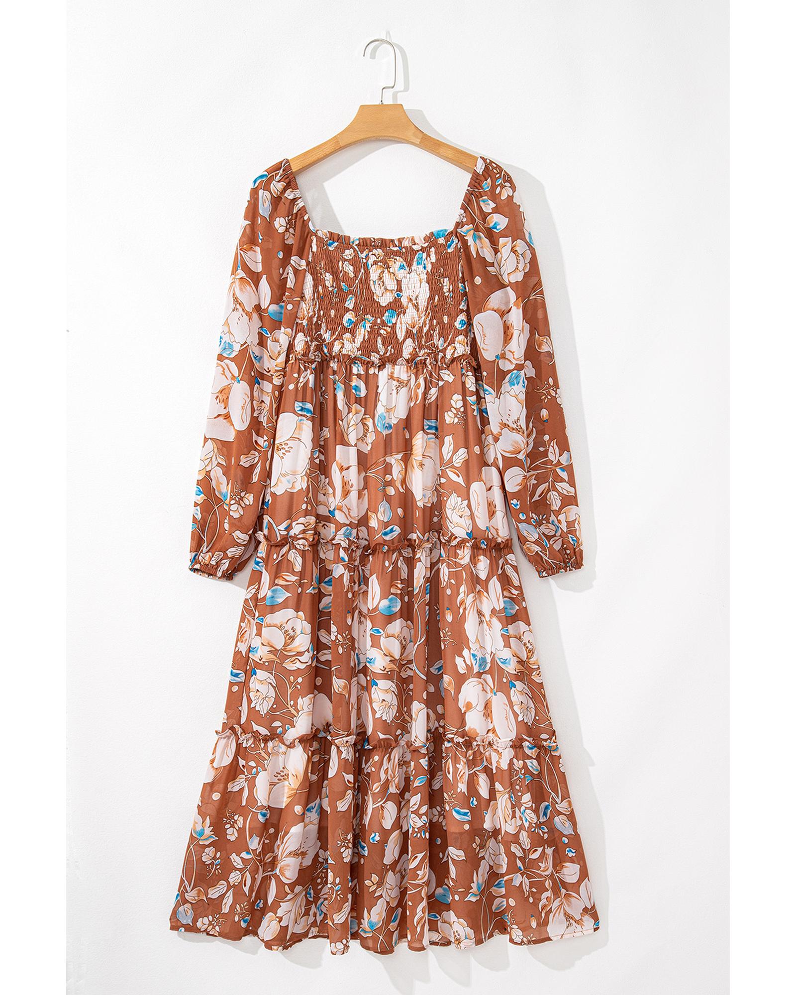 Brown Floral Print Shirred Square Neck High Waist Maxi Dress - M 7