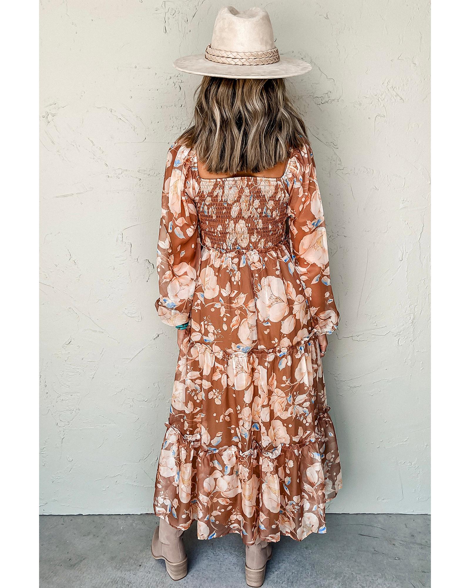 Brown Floral Print Shirred Square Neck High Waist Maxi Dress - S 6