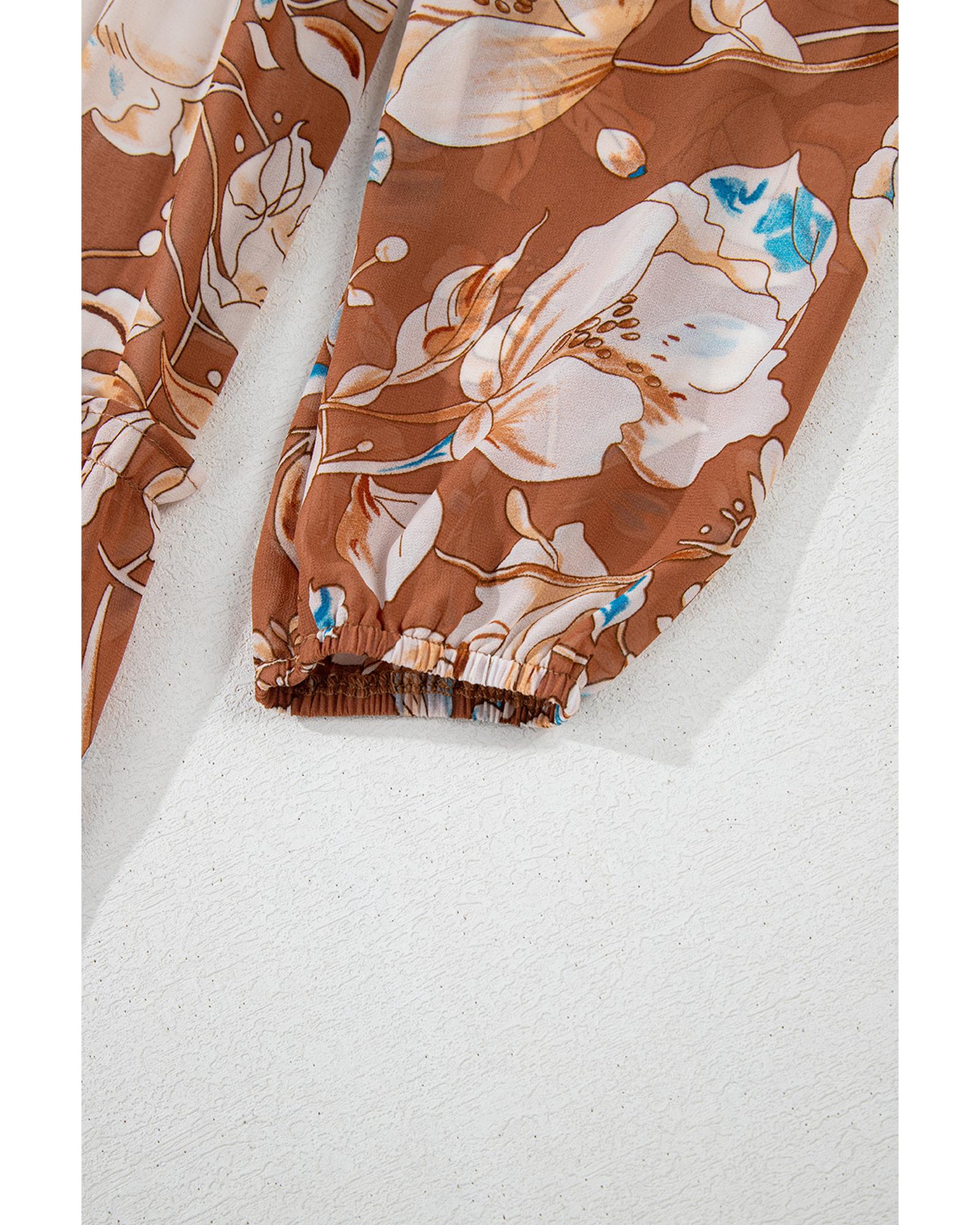 Brown Floral Print Shirred Square Neck High Waist Maxi Dress - XL