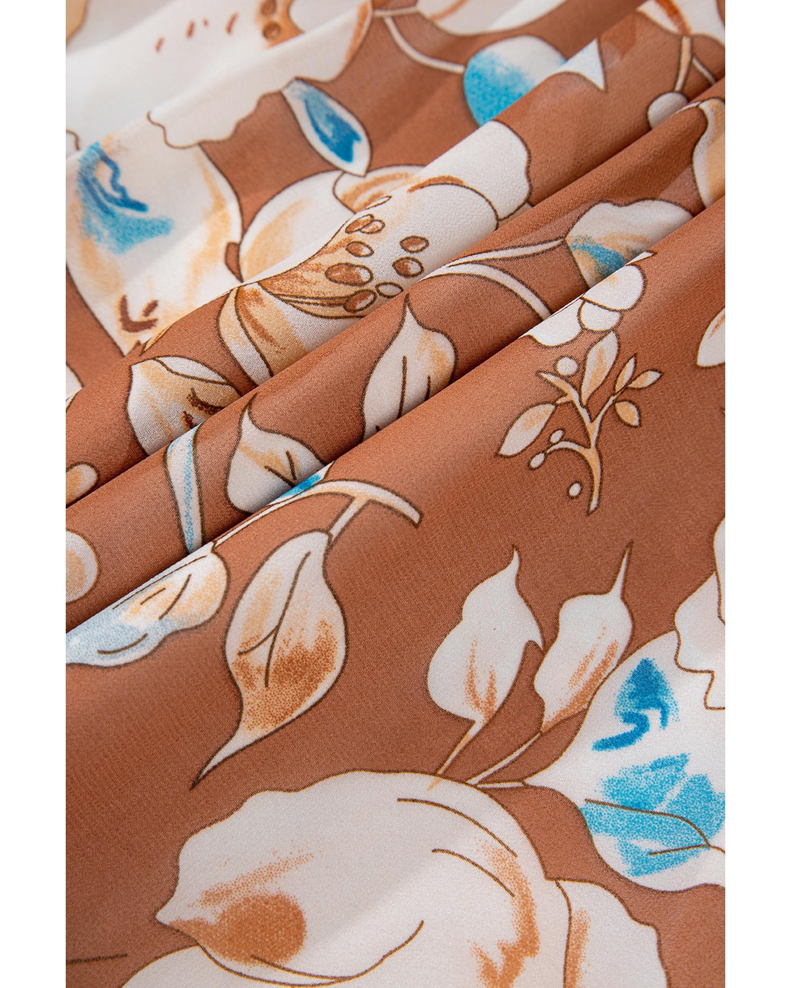 Brown Floral Print Shirred Square Neck High Waist Maxi Dress - XL