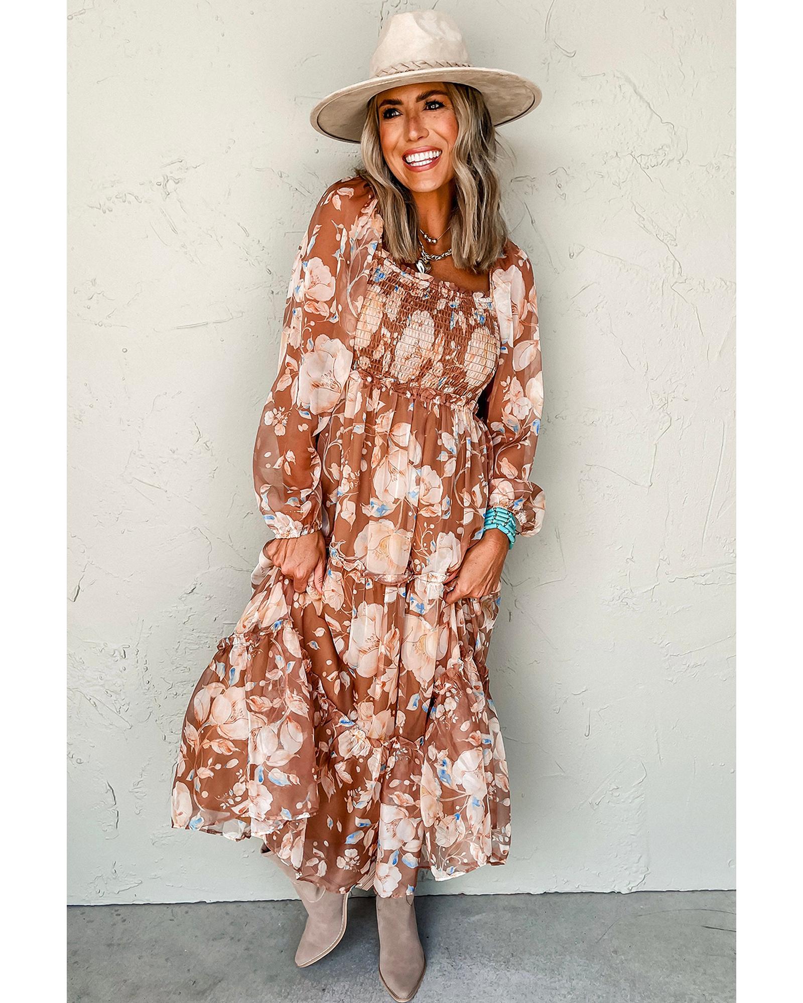 Brown Floral Print Shirred Square Neck High Waist Maxi Dress - XL 8