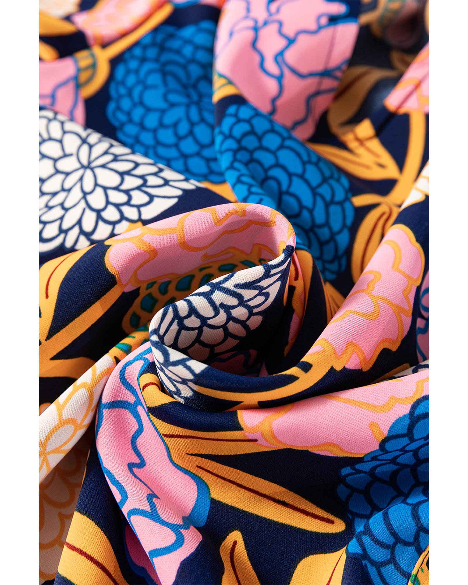 Navy Blue Hydrangea Floral Print Bishop Sleeve V Neck Shift Dress - L 3