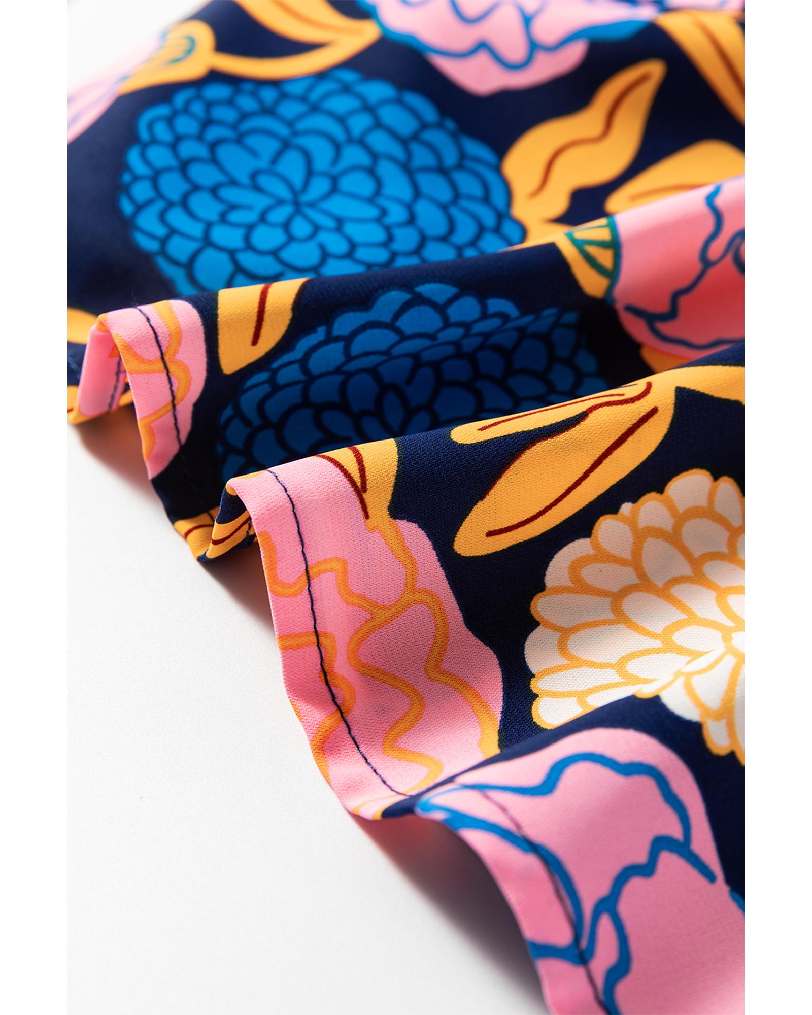 Navy Blue Hydrangea Floral Print Bishop Sleeve V Neck Shift Dress - M 4