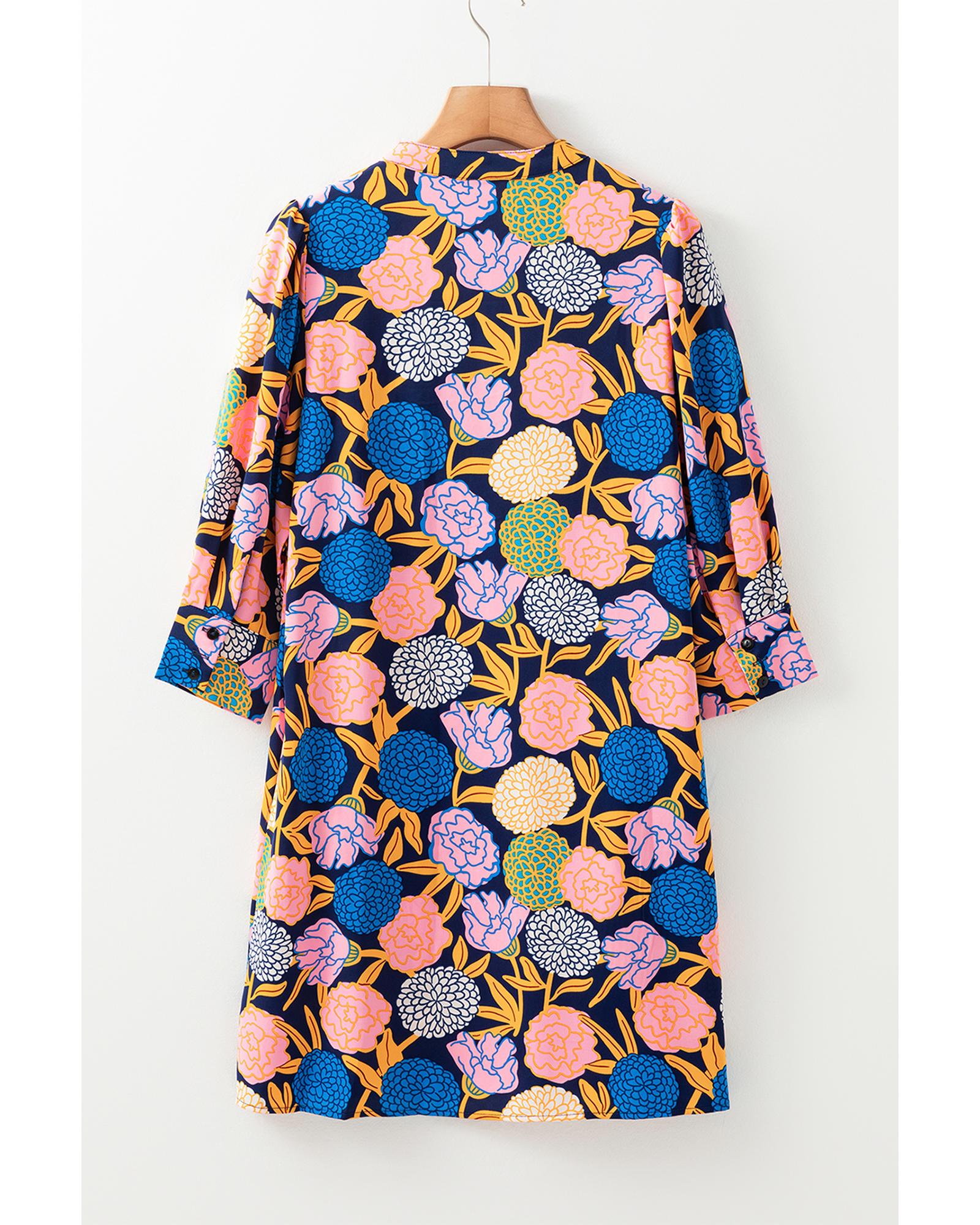 Navy Blue Hydrangea Floral Print Bishop Sleeve V Neck Shift Dress - M 7