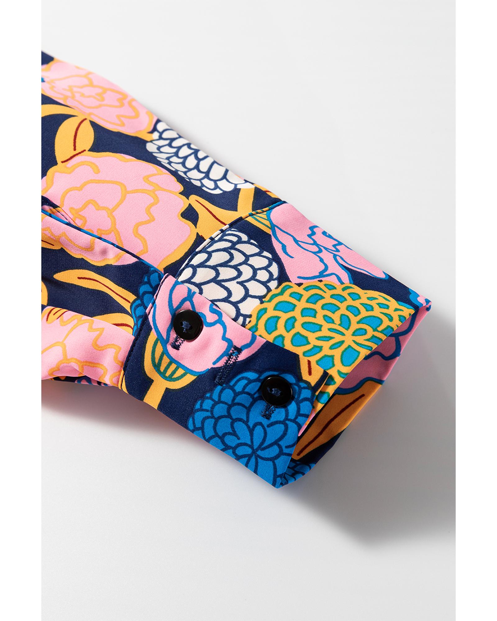 Navy Blue Hydrangea Floral Print Bishop Sleeve V Neck Shift Dress - S 6