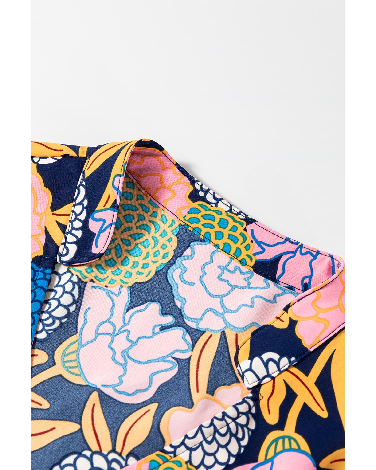 Navy Blue Hydrangea Floral Print Bishop Sleeve V Neck Shift Dress - S 7